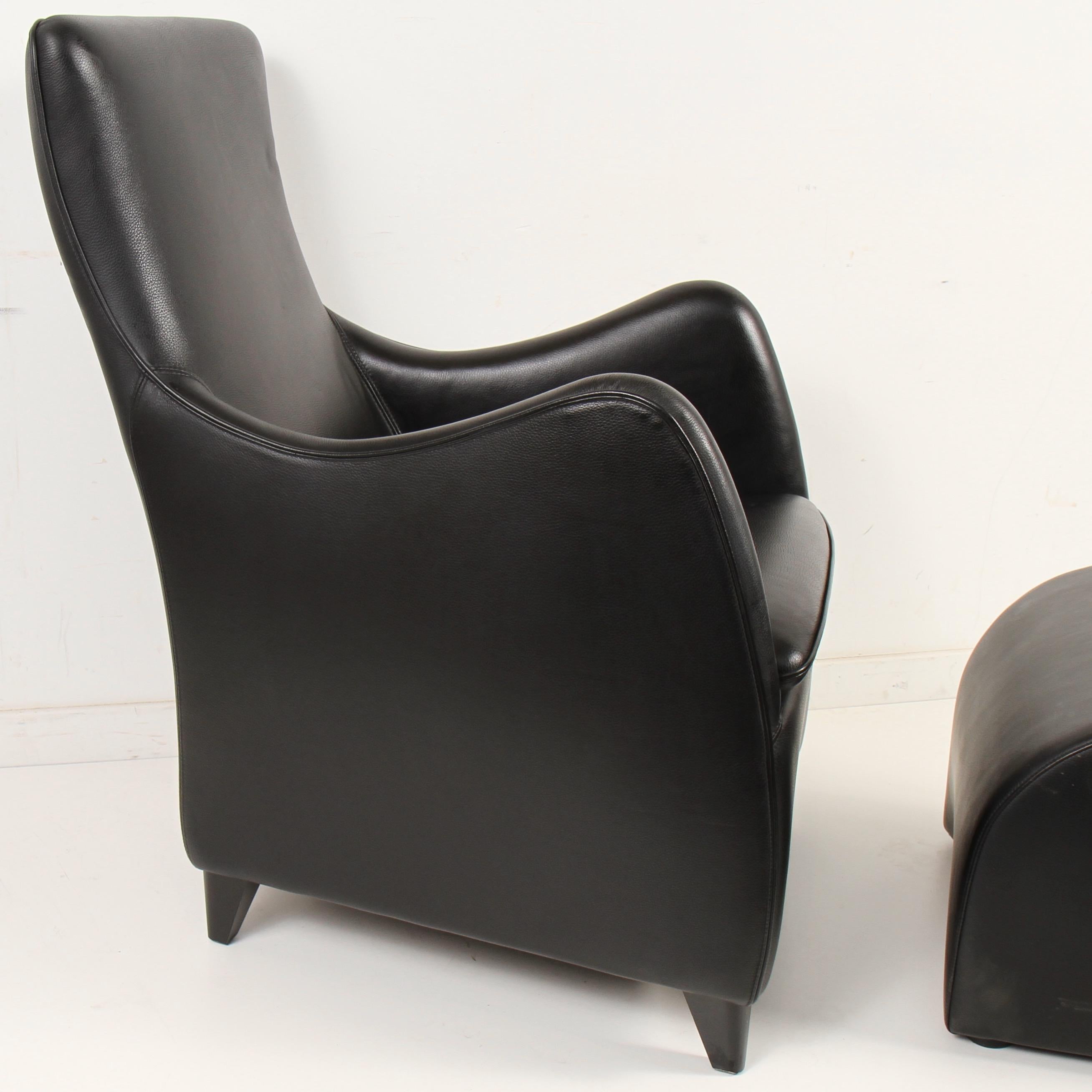 Nice black biomorphic armchair and ottoman by Dutch designer Gerard Van Den Berg for Austria's premier leather furniture maker Wittman. Had it not been for designer Gerard van den Berg, Dutch design might not be all that it is today. Taking a