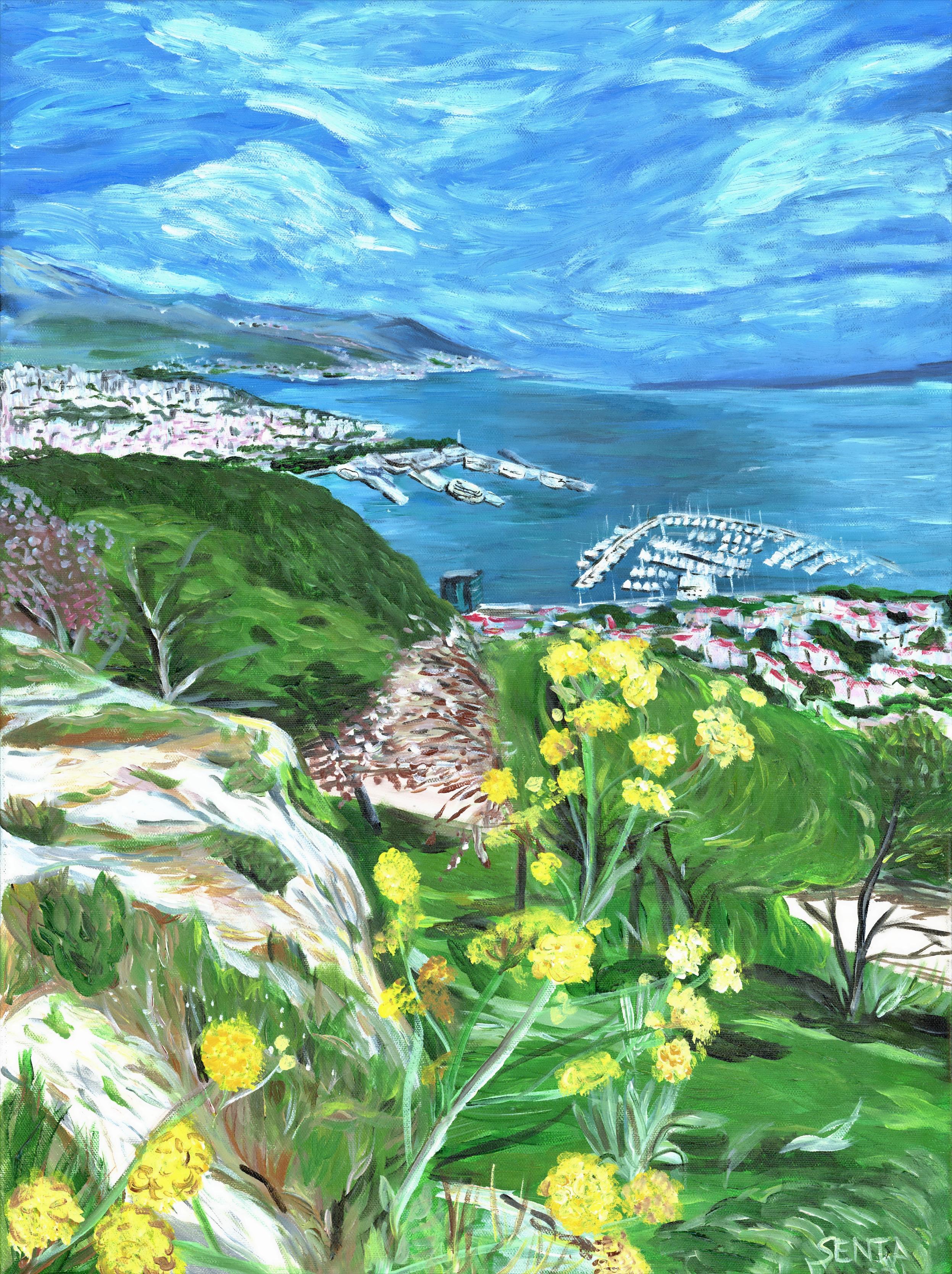 Dalmatia
18.0 x 24.0 x 0.75, 1.0 lbs 
Acrylic 
Hand signed by artist 

Artist's Commentary: 
"This is a great memory for me. This is based off a photo my husband took on our trip to Split, Croatia. He made me ride a bike up a mountain (it was a hill