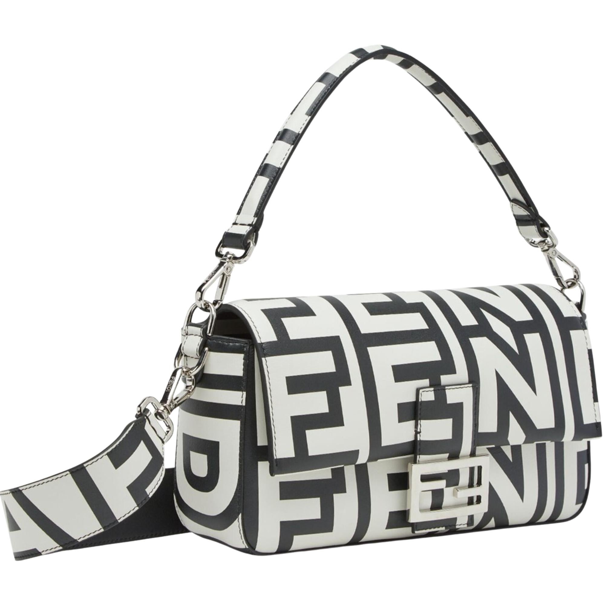 This iconic baguette bag is part of the fendi by marc jacobs limited edition. This style is made of leather with a macro version of the fendi logo printed all over in black and white. Featuring a front flap, ff magnetic clasp, a single internal