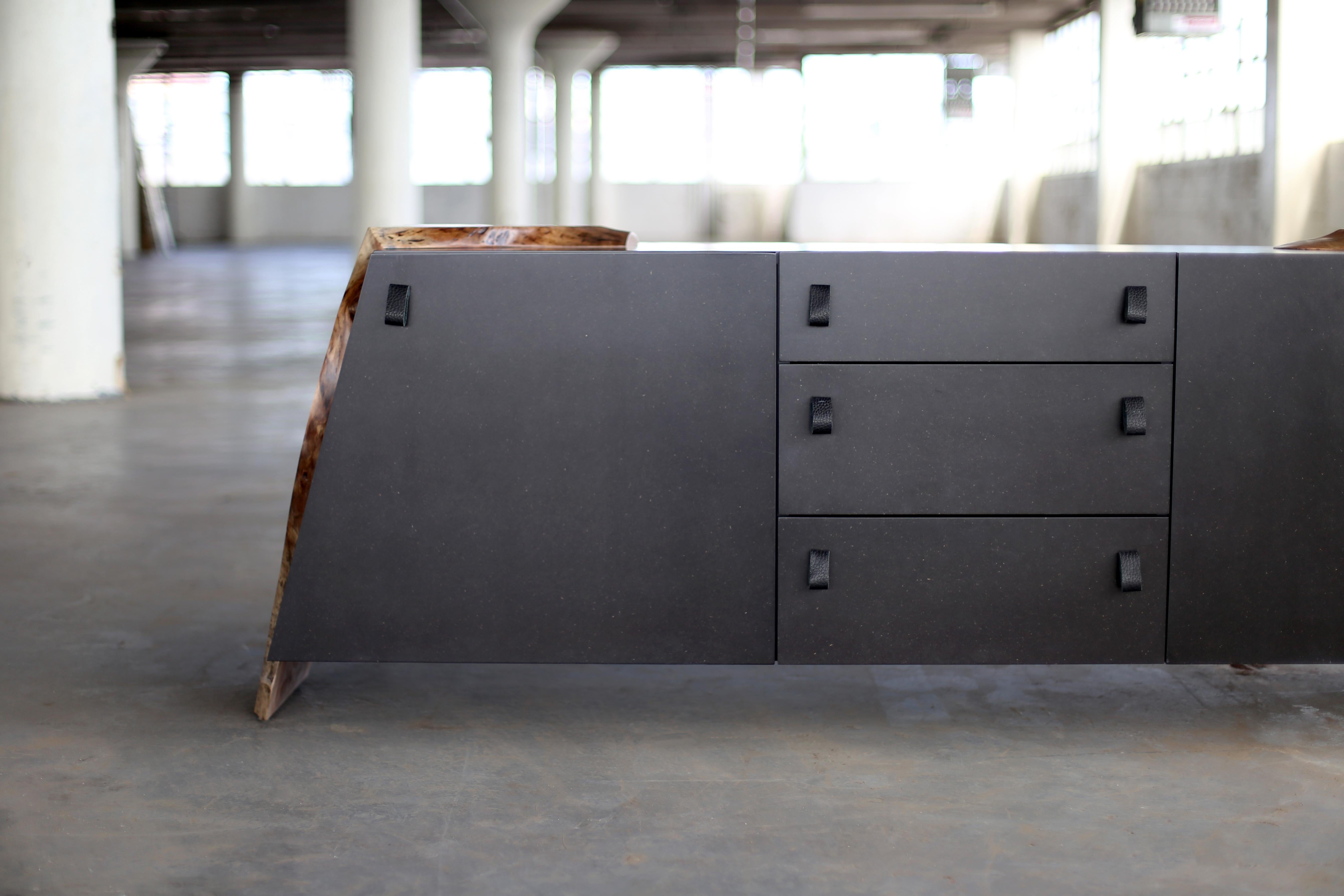 Organic Modern Sentient Luxor Credenza featuring Live Edge with Leather Pulls For Sale