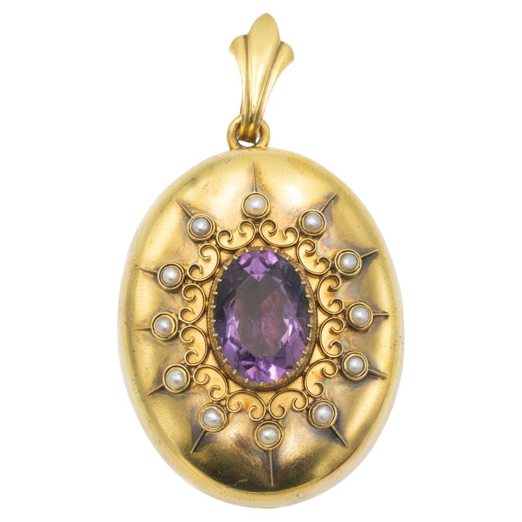 Sentimental gold brooch-pendant with amethyst and natural pearls, circa 1880.