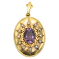 Sentimental gold brooch-pendant with amethyst and natural pearls, circa 1880.