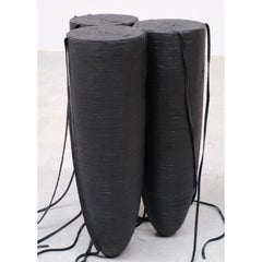 Three Bullet Shaped Stool in Burnt Iroko Wood and Black Leather by Arno Declercq