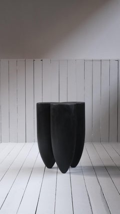 Three Bullet Shaped XL Stool in Burnt Iroko Wood and Steel by Arno Declercq (tabouret XL en forme de balle en bois d'iroko brûlé et en acier)