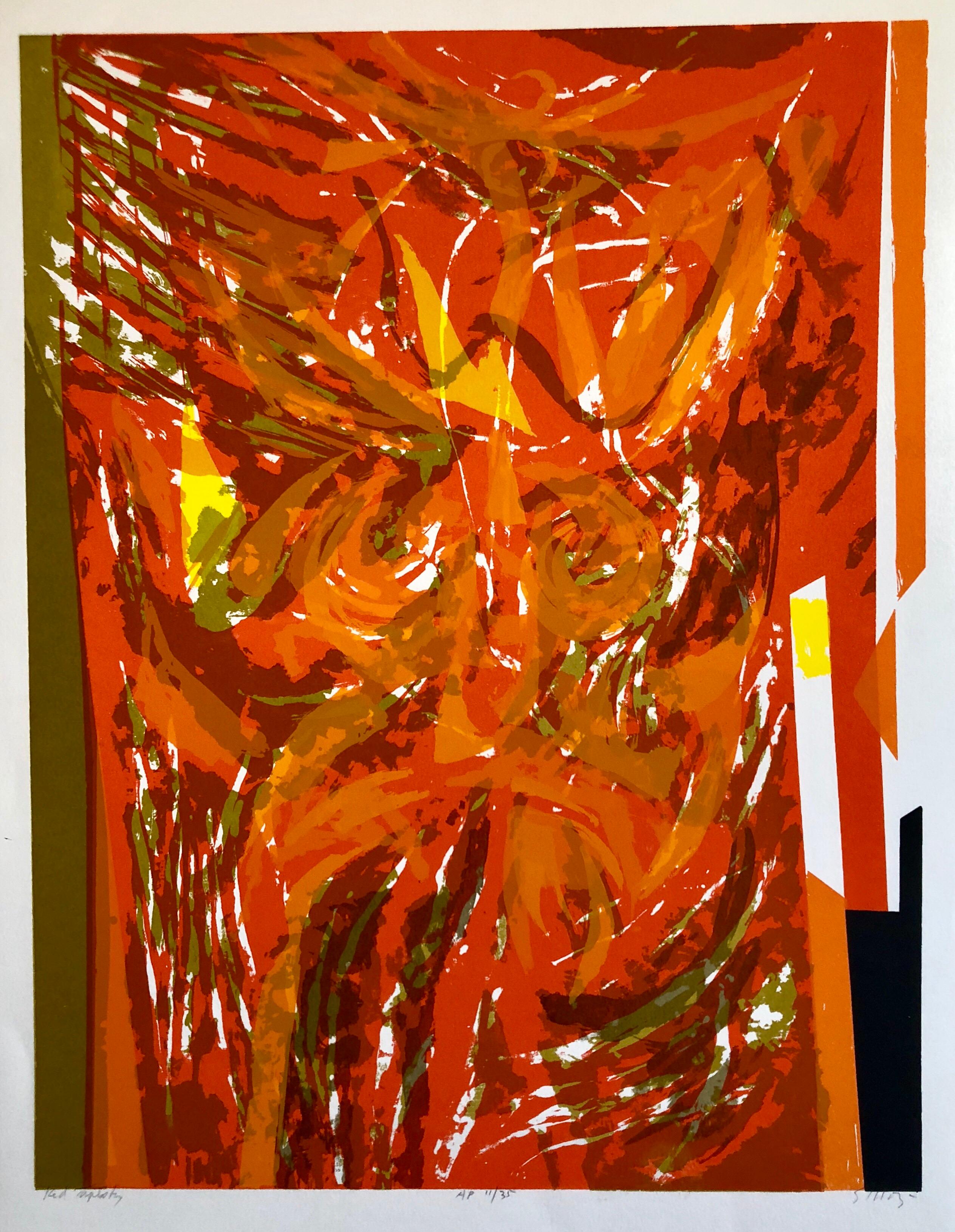 Lithographie en couleurs « Red Tapestry », œuvre moderniste abstraite d'un artiste sino-américain