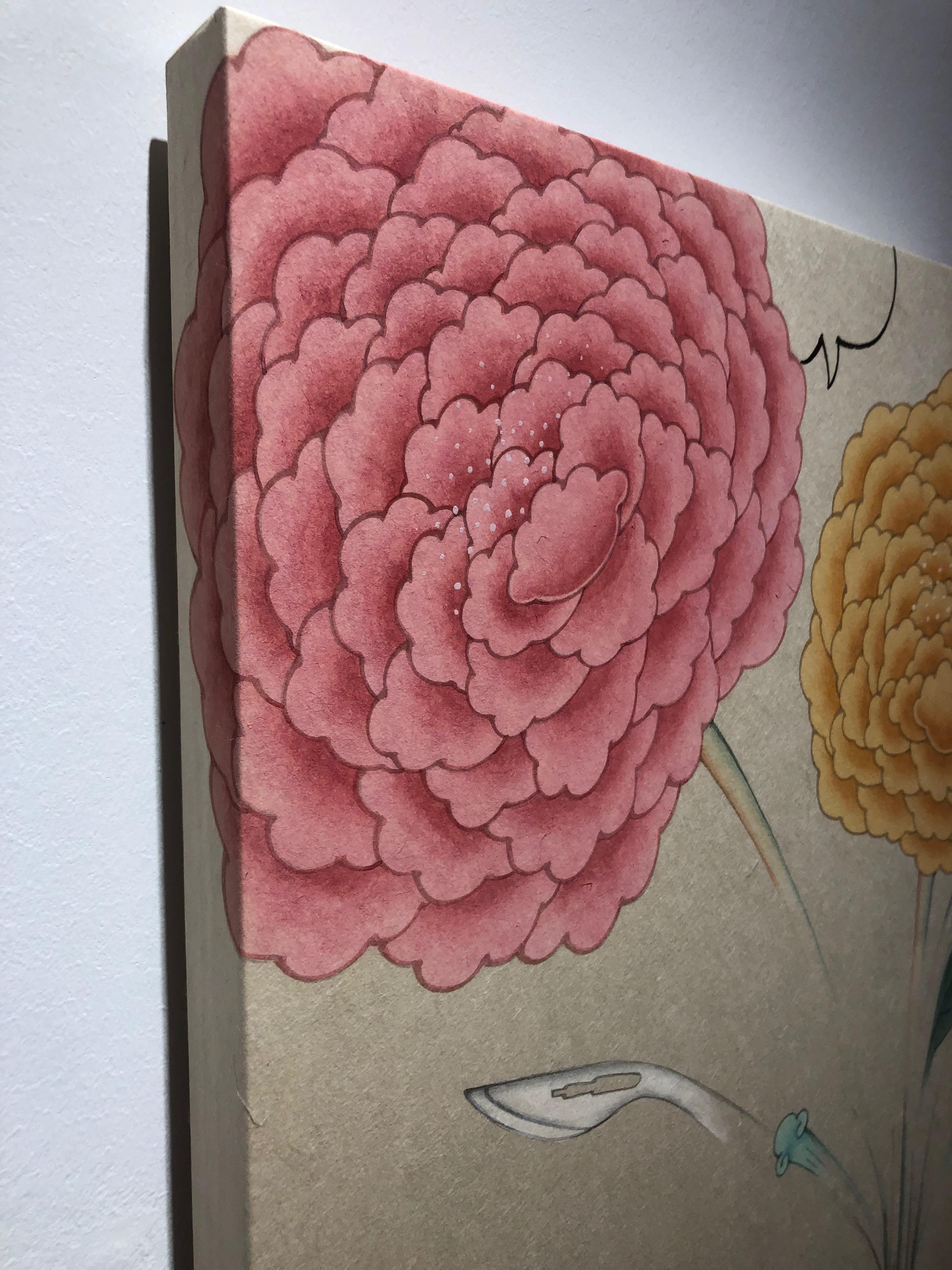 Inter-Relation Selfie 208, œuvre représentative sur papier, arme avec fleurs - Beige Still-Life Painting par Seongmin Ahn