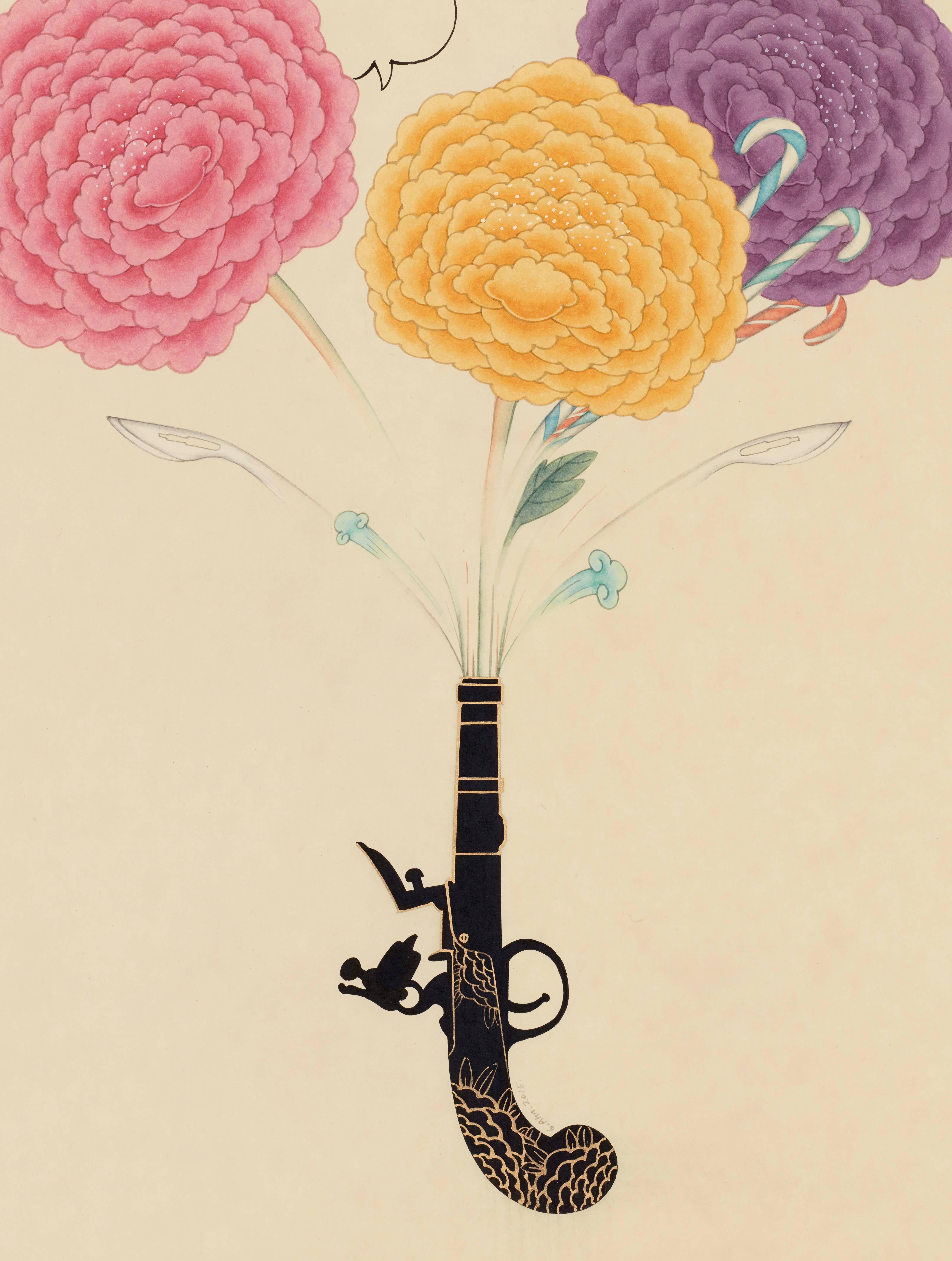 Seongmin Ahn Still-Life Painting - Inter-Relation Selfie 208, representational work on paper, gun with flowers