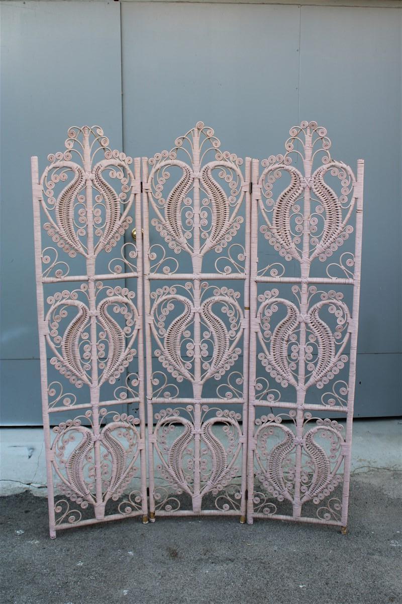 Mid-Century moderno Separè Paravento in bambù intrecciato a mano Italiano 1960 Rosa in vendita