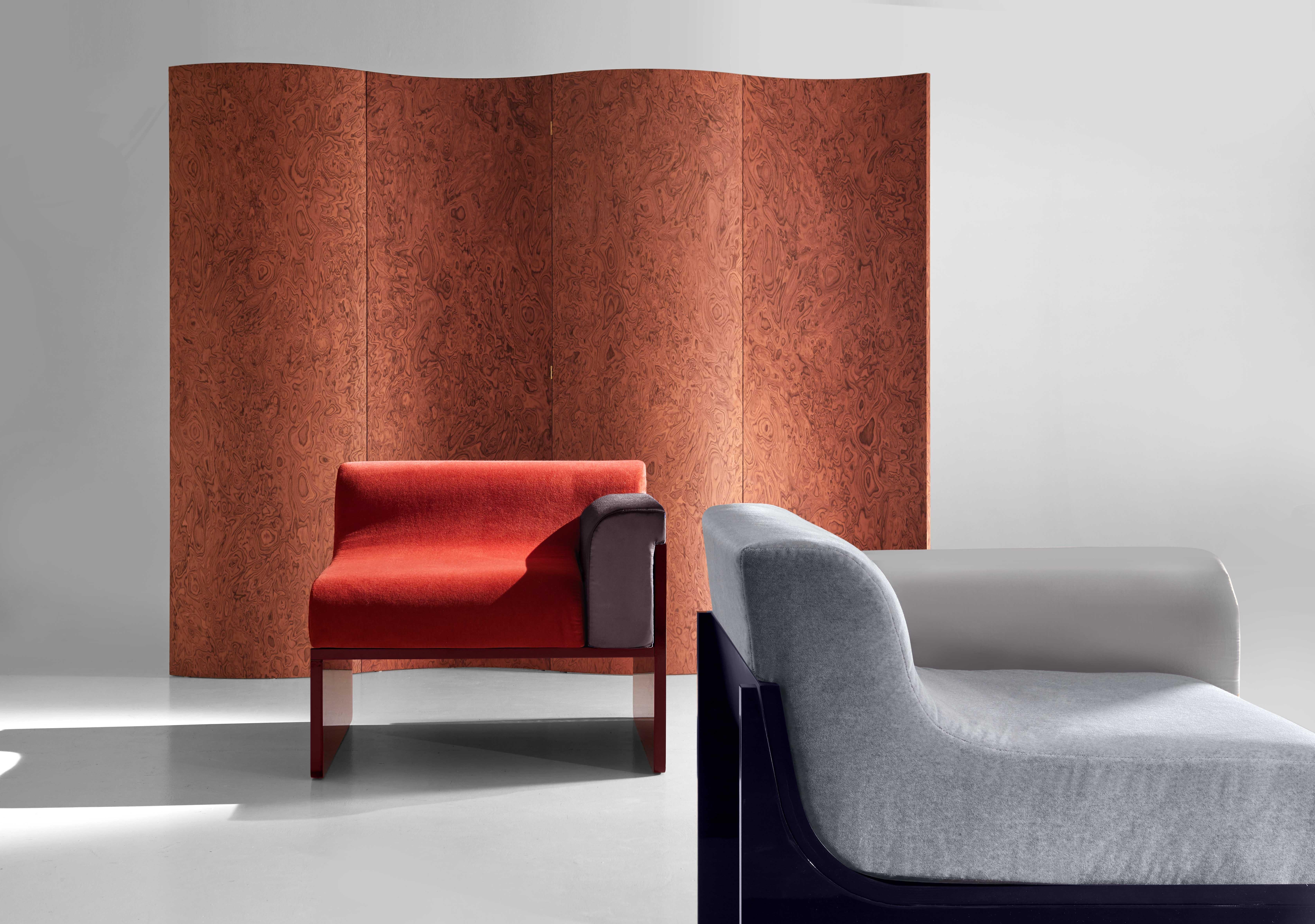 Laminated Folding Screen 'Separe' Room Divider in Terracotta Elm burl Veneer For Sale