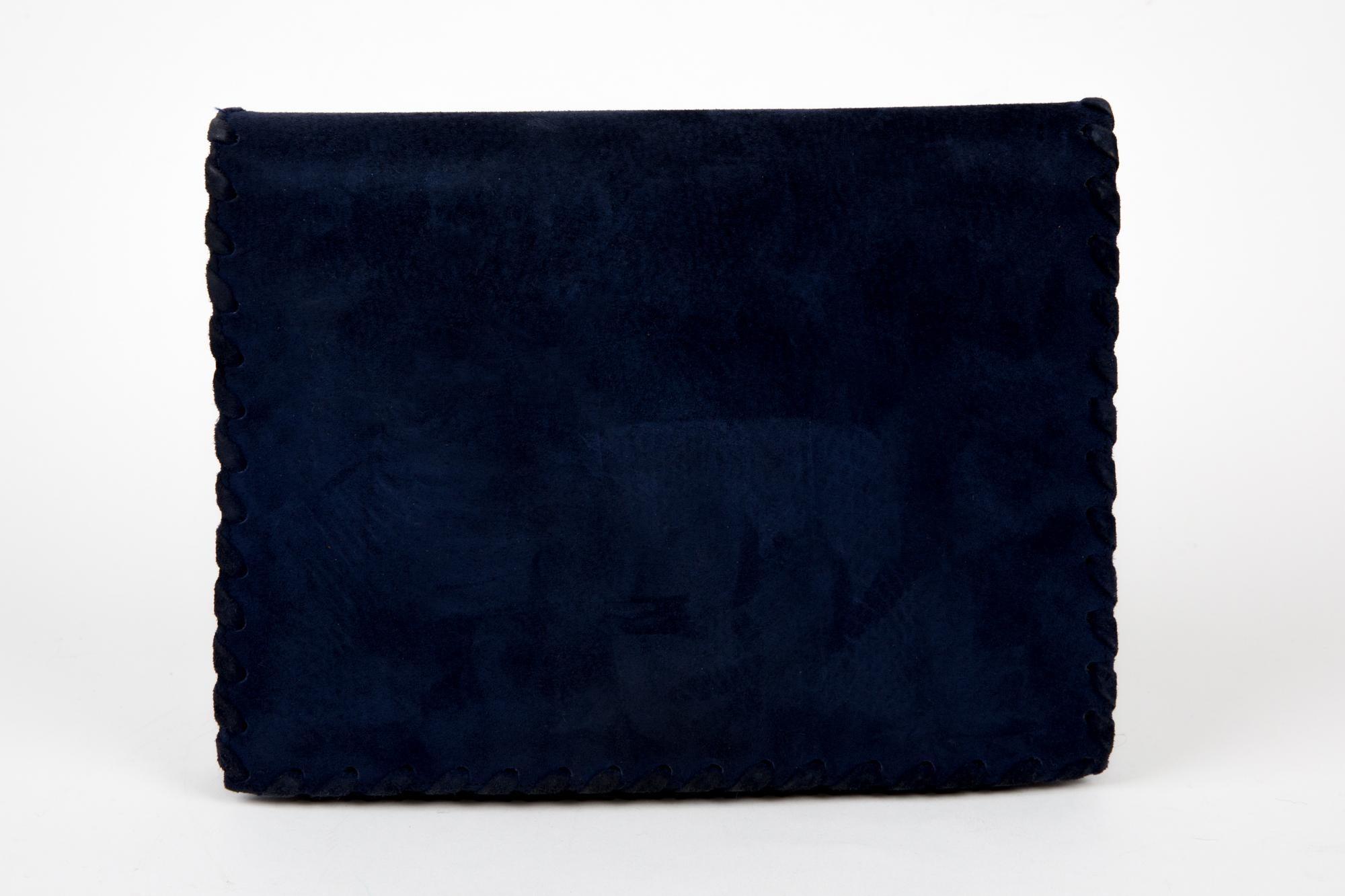Sepcoeur Blue Suede Leather Large Clutch Bag  In Good Condition For Sale In Paris, FR
