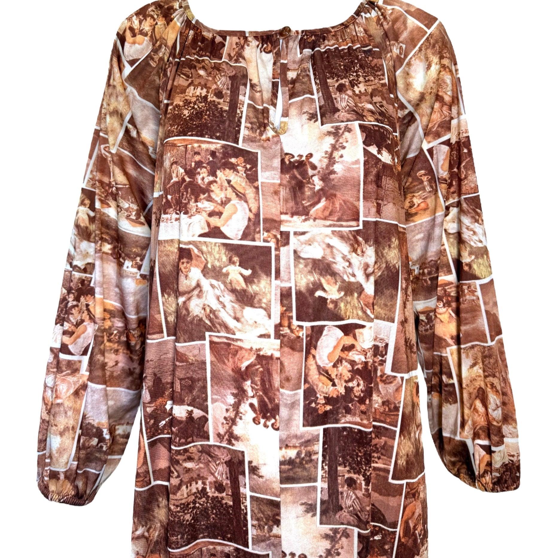 Embody the sepia-toned nostalgia of decades past in this flowing kaftan dress. Warm sepia-toned printed collage of late 19th century paintings. Serene and romantic memories printed on a very '70s blend of acetate and nylon. Tie neck key-hole detail.
