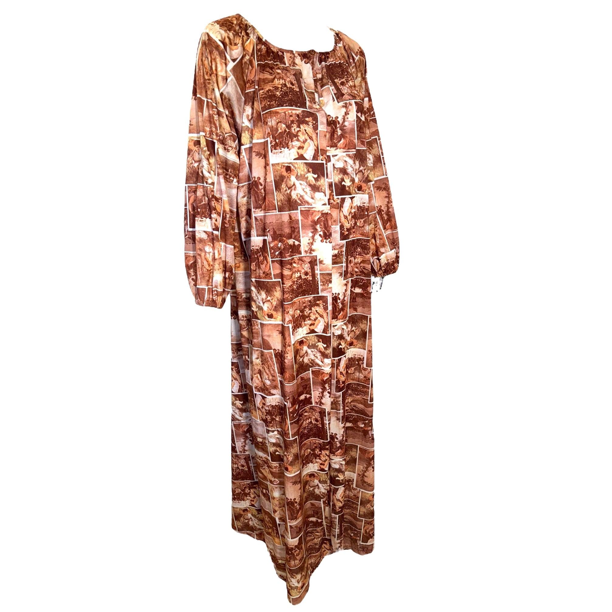 Brown Sepia 19th Century Painting Collage Print Kaftan, 1970s For Sale