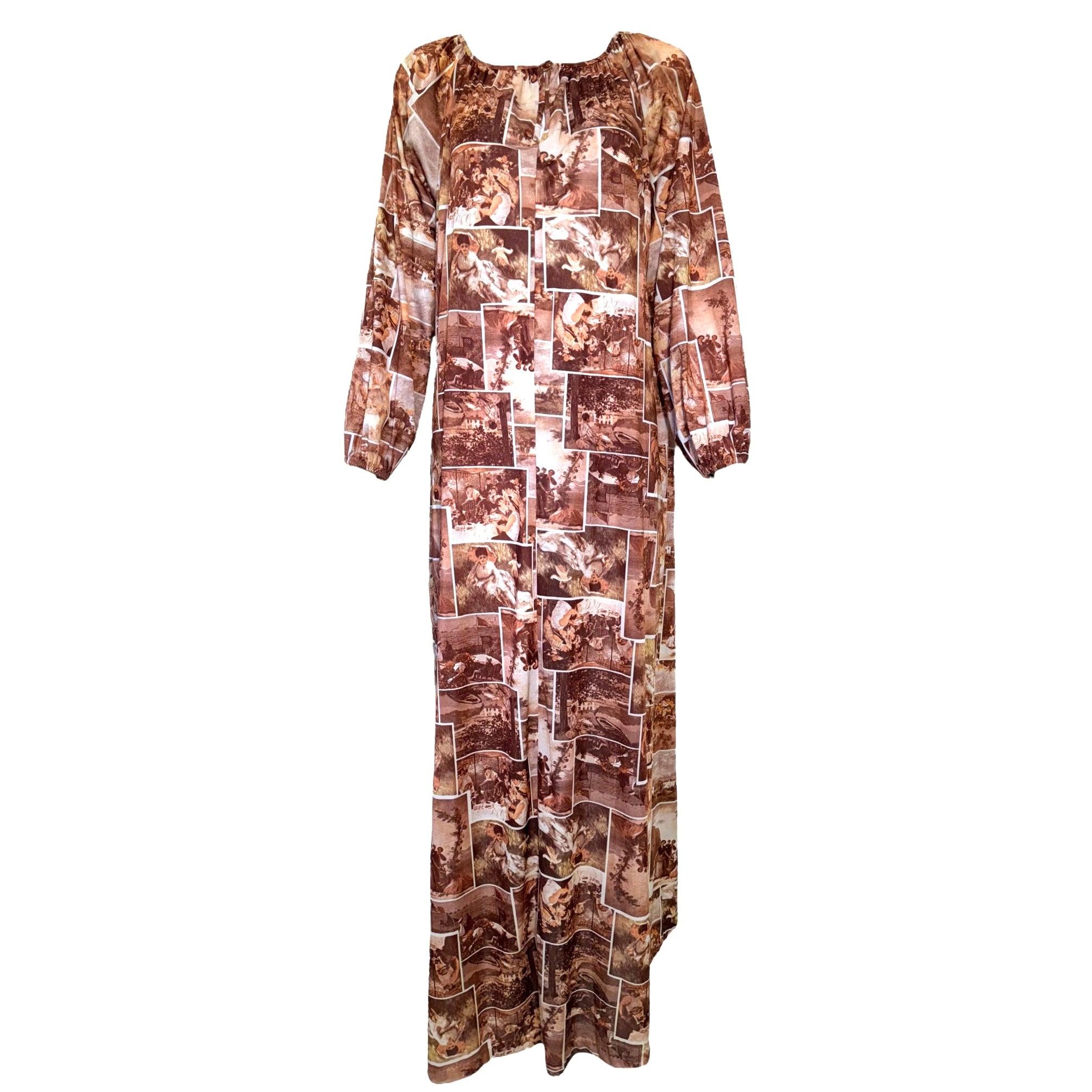 Sepia 19th Century Painting Collage Print Kaftan, 1970s For Sale