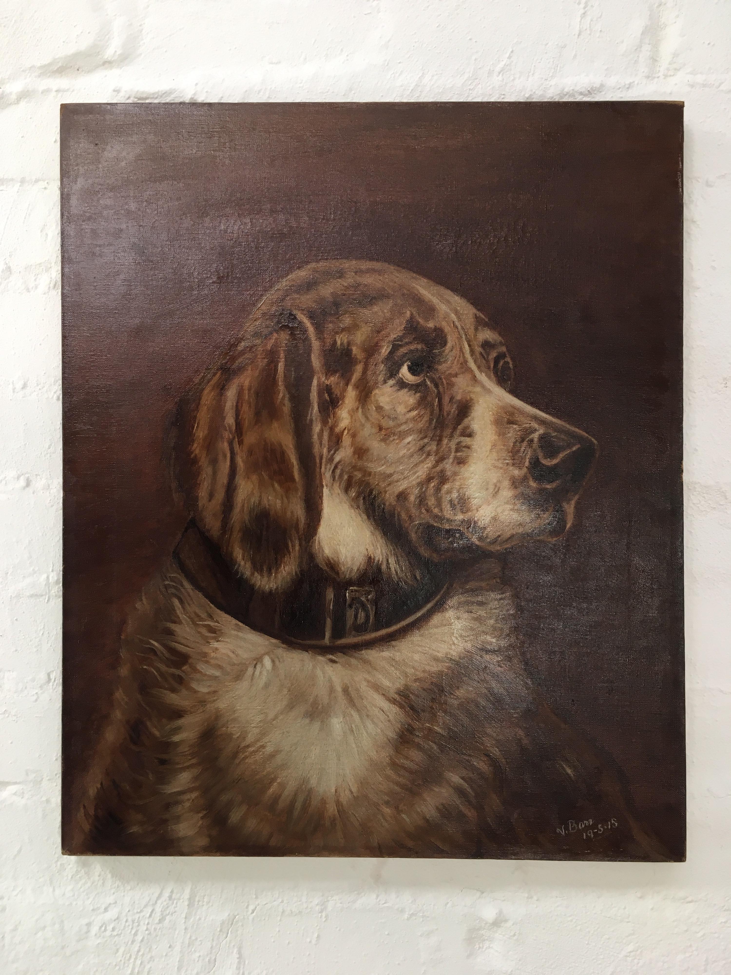 A wonderful large portrait of a bloodhound, painted in sepia tones in oils on canvas, signed and dated 19 May 1915. The painting was produced in Australia. This date and location is significant to the symbolism of the painting.

After Sir Edwin