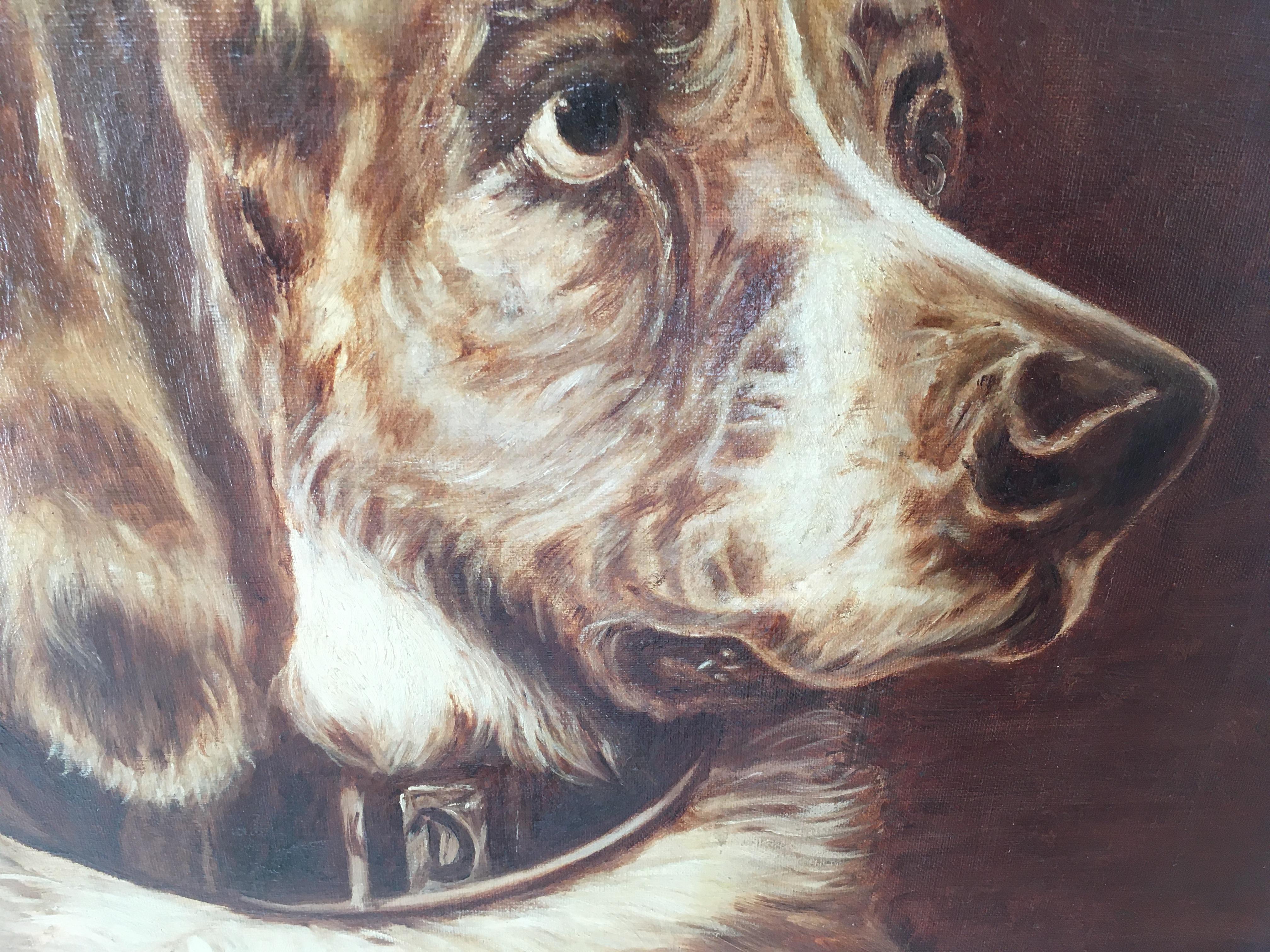 High Victorian Antique Sepia Oil on Canvas Bloodhound After Sir Edwin Landseer, Signed 1915