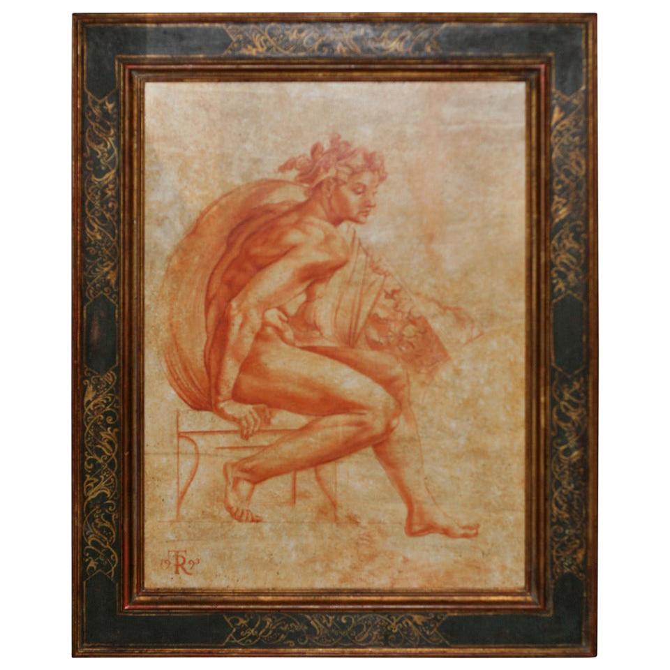 Sepia on Board by Tomasz Rut After Michaelangelo's Ignudi of Sistine Chapel For Sale