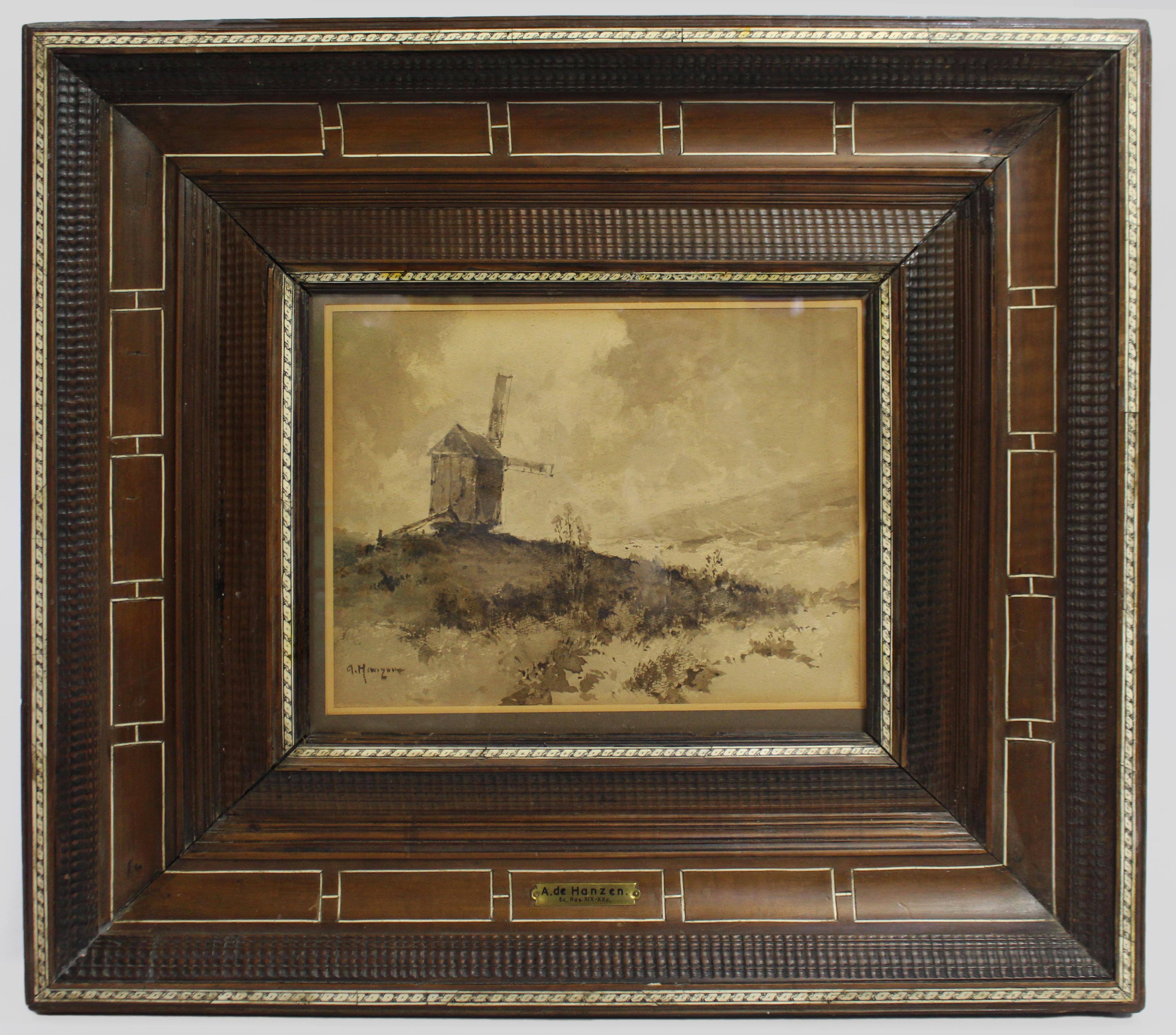 Sepia-Aquarell-Landschaft von Alexei Hanzen (Russisch, 1876-1937)
Russland, Anfang des 20. Jahrhunderts

Ein stimmungsvolles und atmosphärisches Sepia-Aquarell des russischen Künstlers Alexei Hanzen, das eine einsame Windmühle in einem Moor zeigt.
