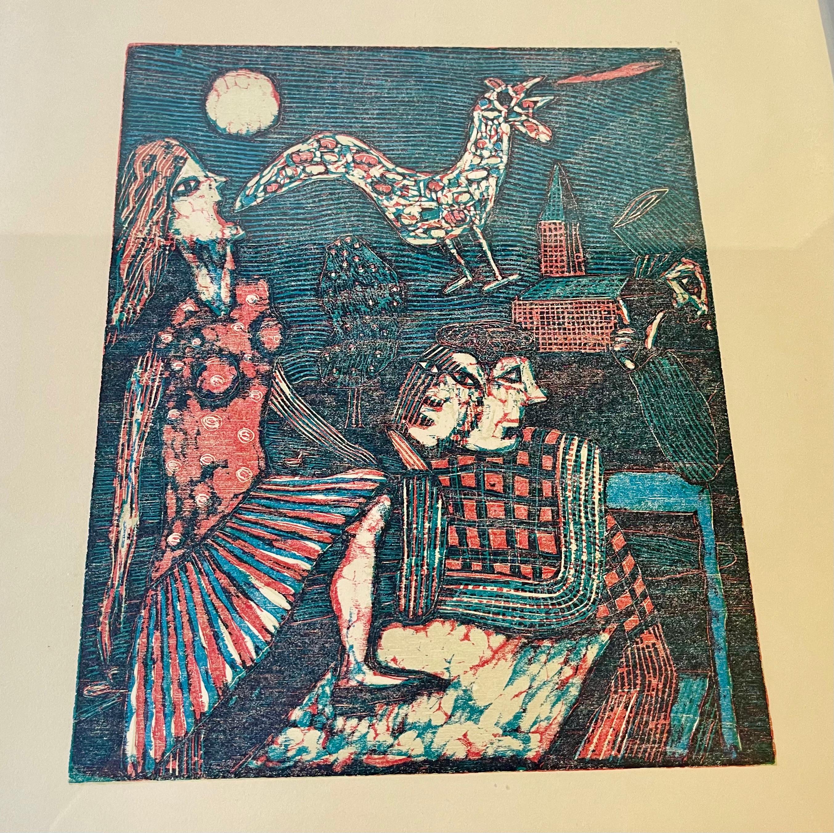 Striking image by Finnish/Danish artist Seppo Mattinen. Naive/abstract characters in a city-scape. SP was hugely inspired by Marc Chagall and his dream-scapes in particular. It is a serialized wood-cut from the 1970s. It may be signed and numbered
