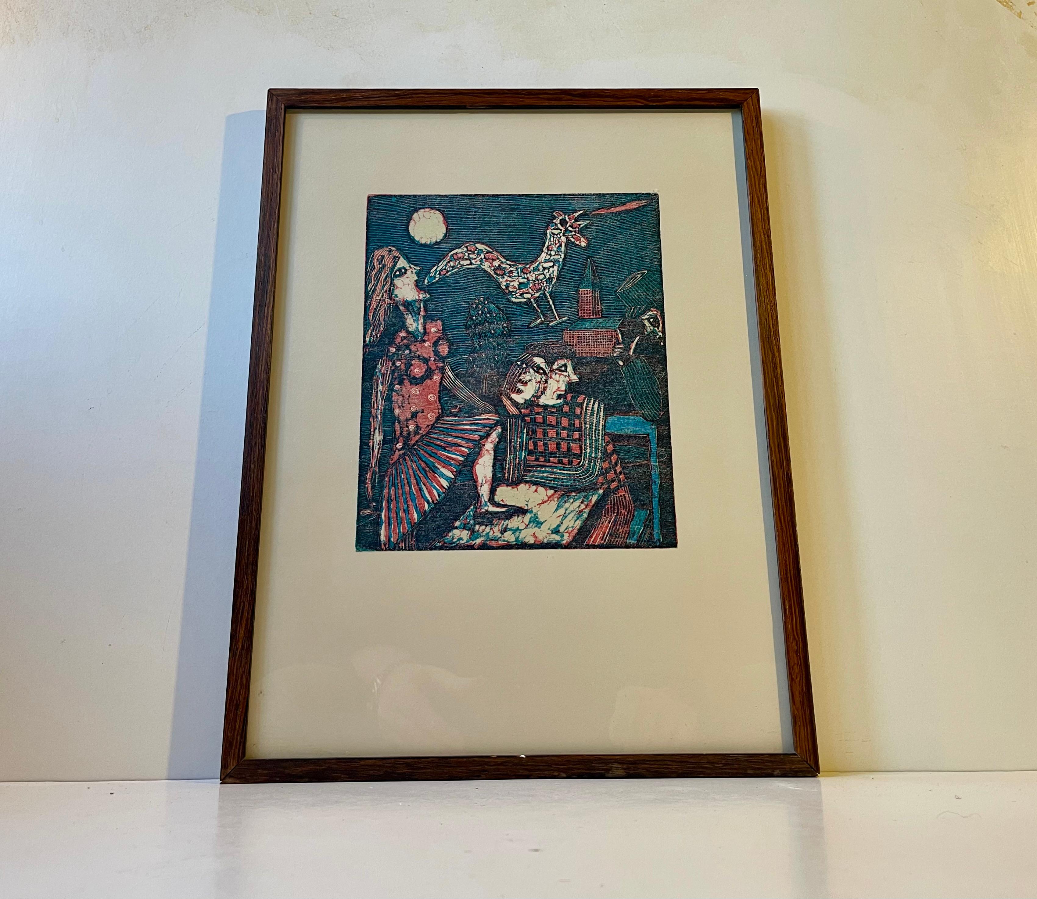 Modern Seppo Mattinen Naive Dreamscape - Lithographic Woodcut in Colors, 1970s For Sale
