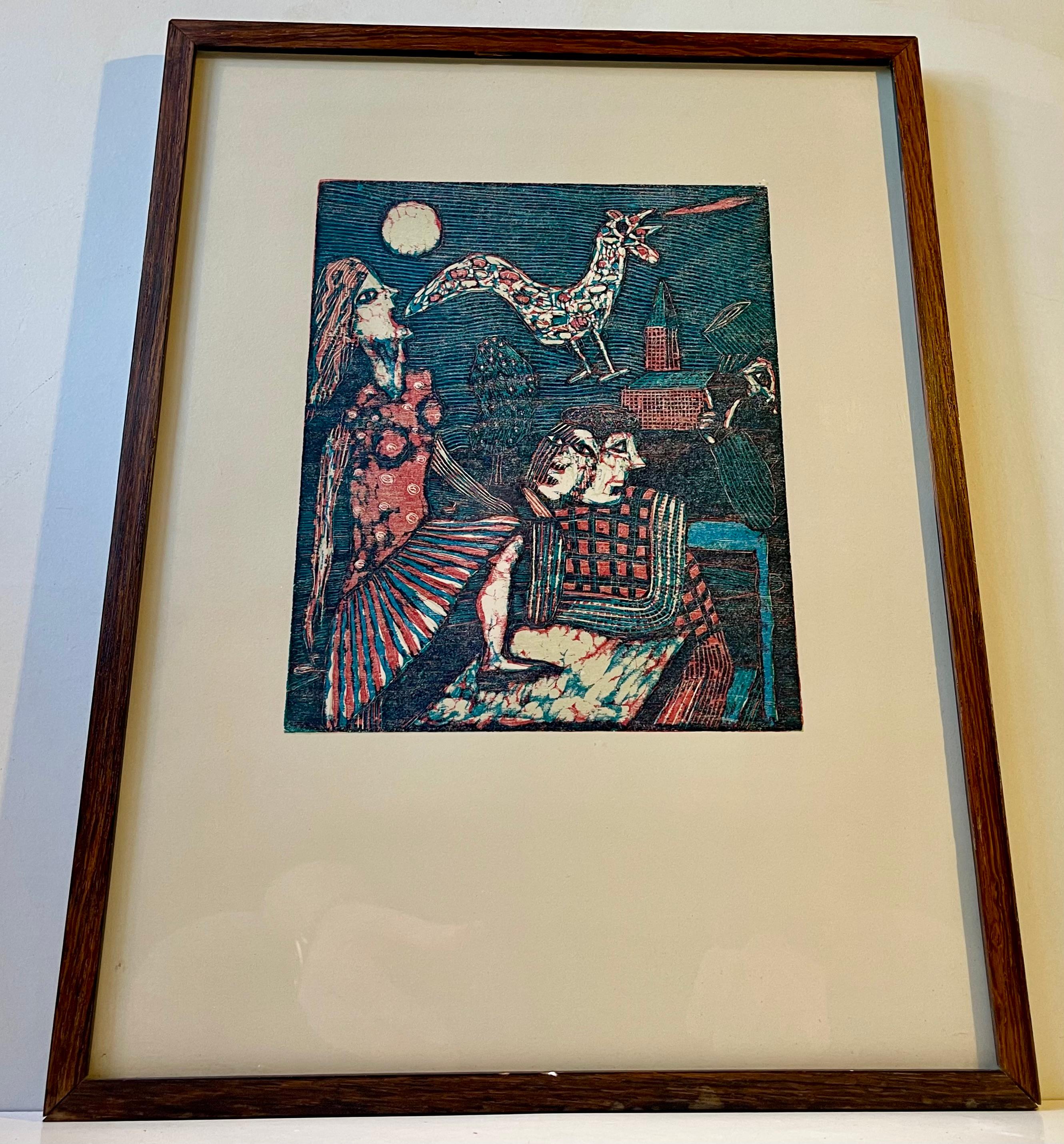Danish Seppo Mattinen Naive Dreamscape - Lithographic Woodcut in Colors, 1970s For Sale