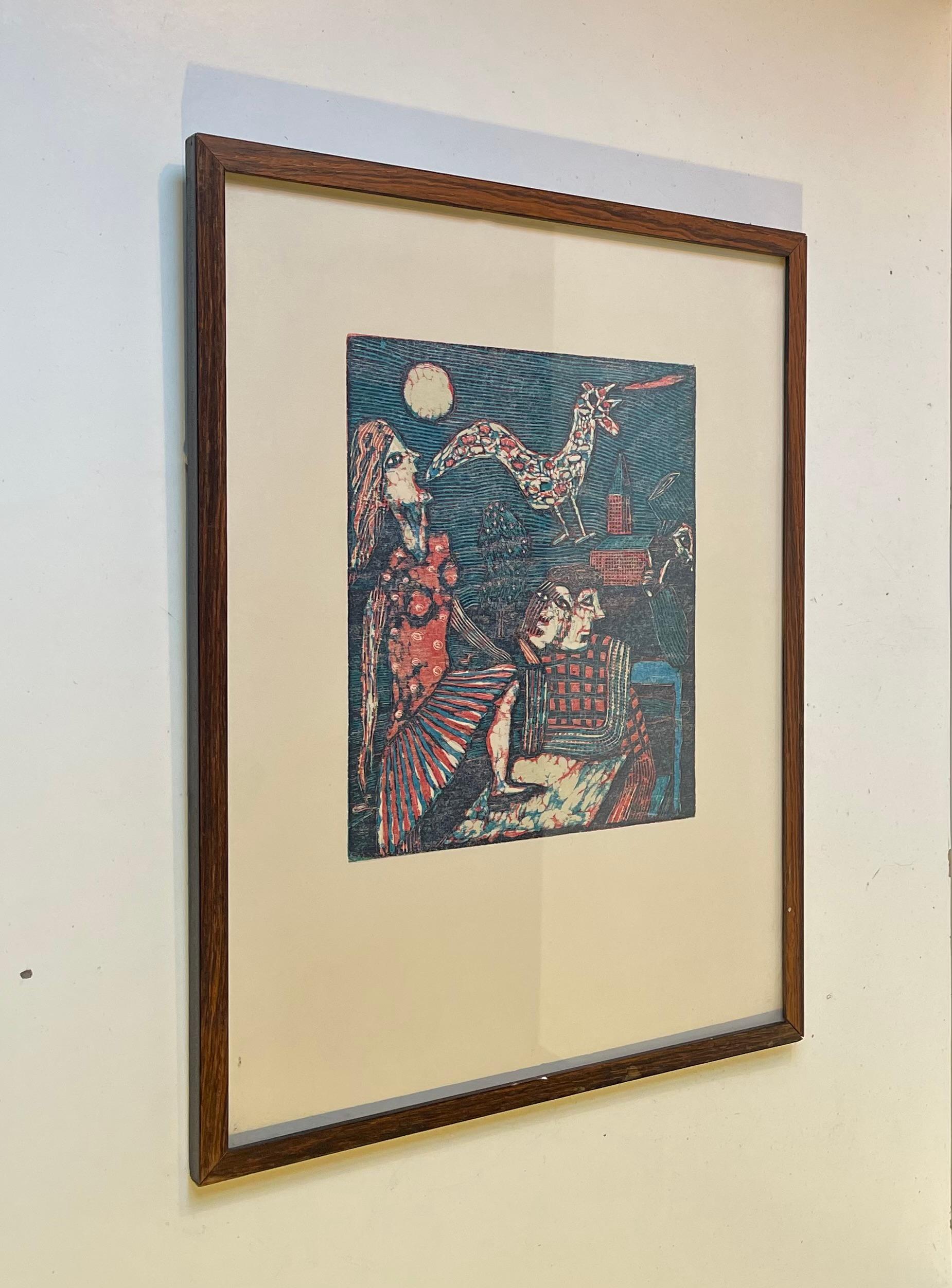 Seppo Mattinen Naive Dreamscape - Lithographic Woodcut in Colors, 1970s In Good Condition For Sale In Esbjerg, DK