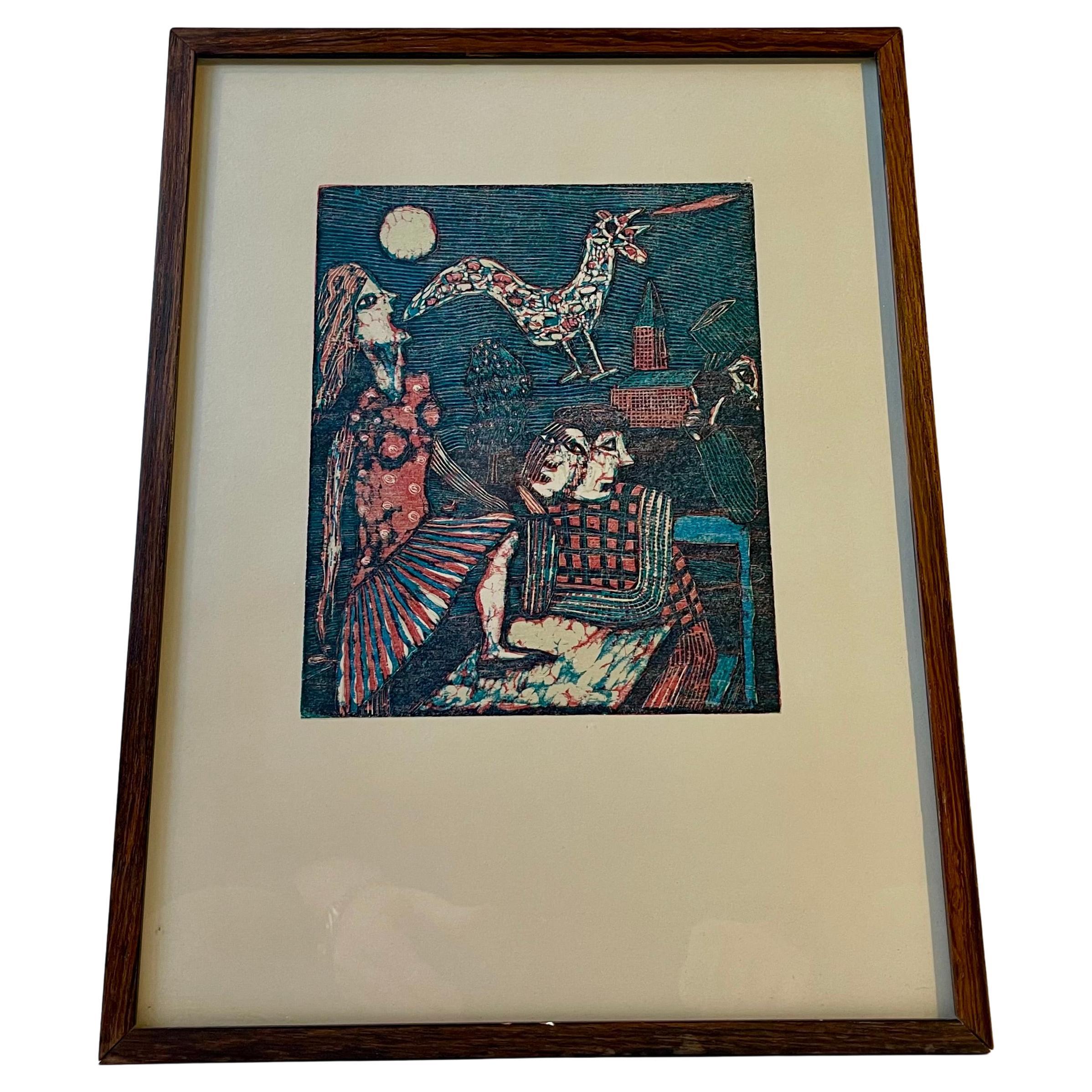 Seppo Mattinen Naive Dreamscape - Lithographic Woodcut in Colors, 1970s For Sale