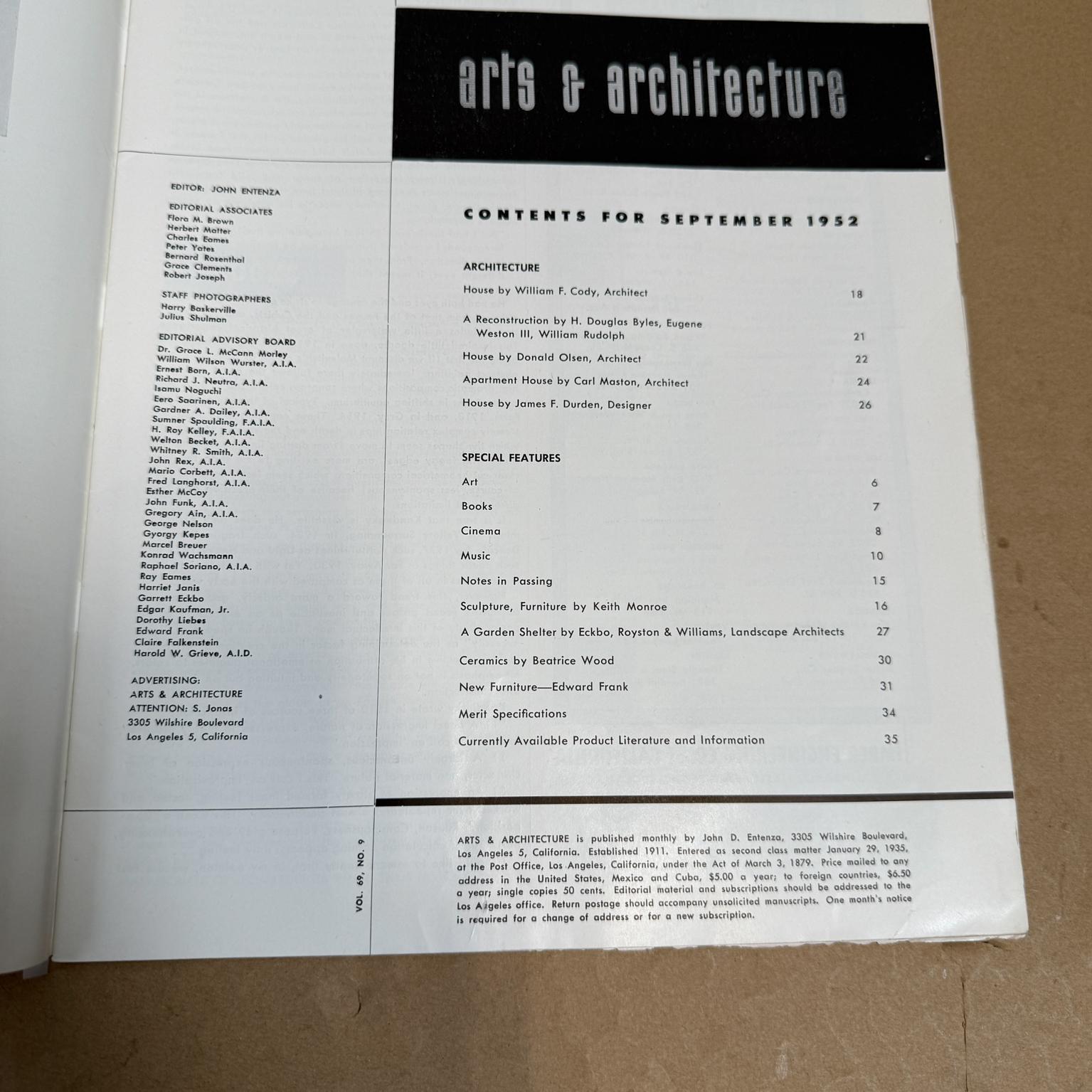 September 1952 Arts & Architecture Magazine John Entenza Mid Century Modern In Good Condition For Sale In Chula Vista, CA