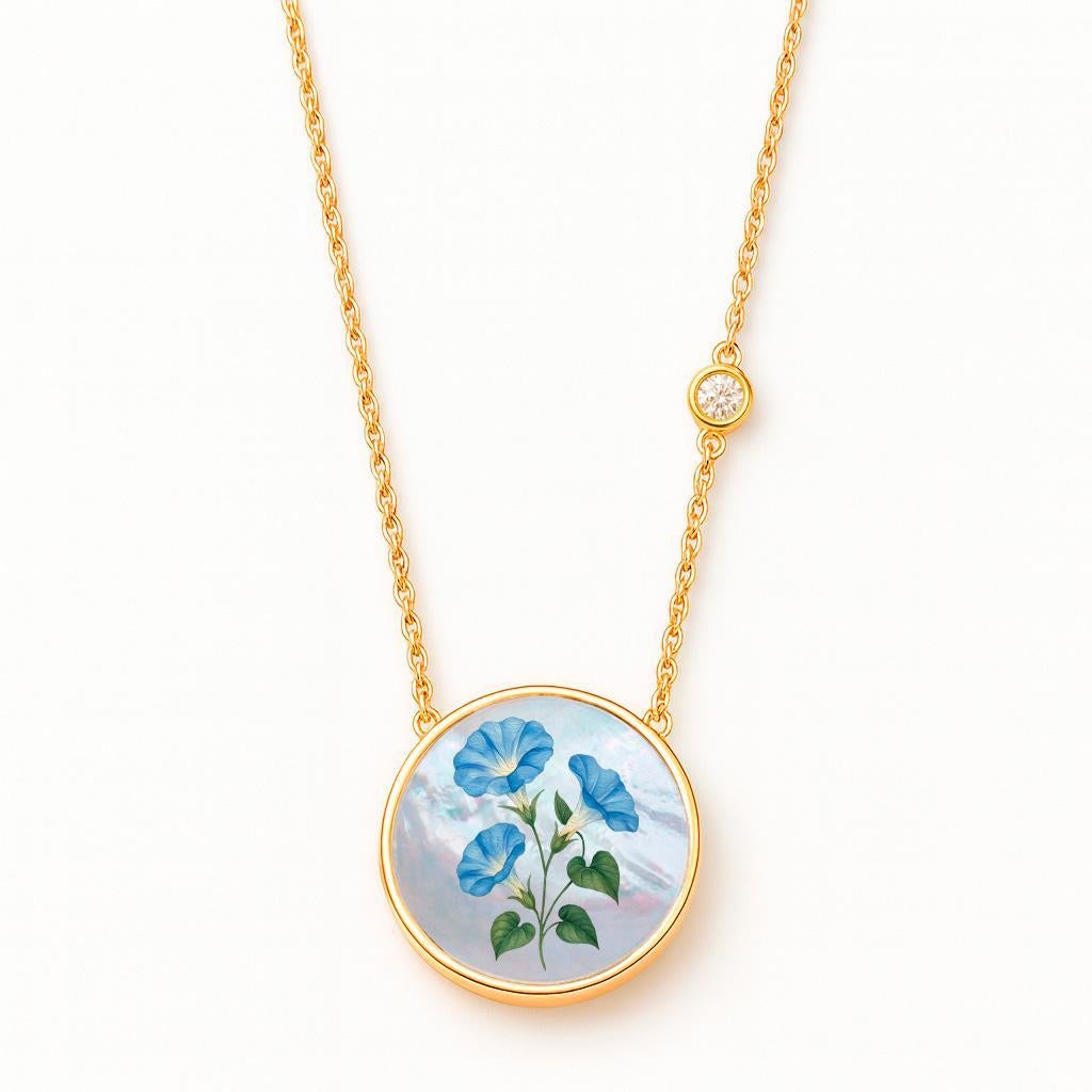 Ciondolo a forma di fiore del mese di settembre/ Dipinto su madreperla Ciondolo a forma di fiore della gloria del mattino / Ciondolo rotondo in madreperla, moissanite, con disegno di un fiore. Gioielli Zodiac.
Collana da donna, Argento 925,