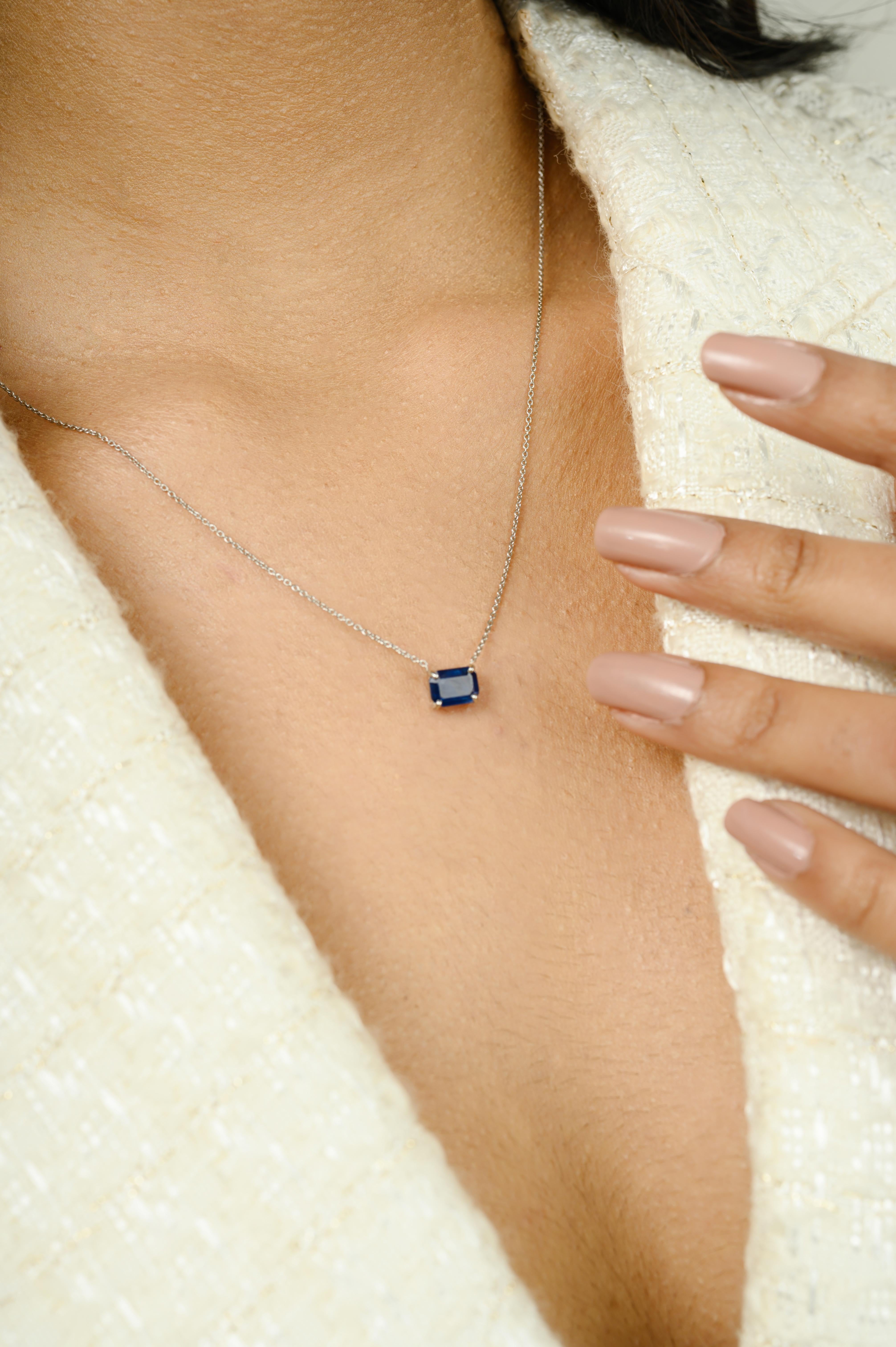 Octagon Cut September Birthstone Blue Sapphire Solitaire Necklace in 14K Solid White Gold For Sale