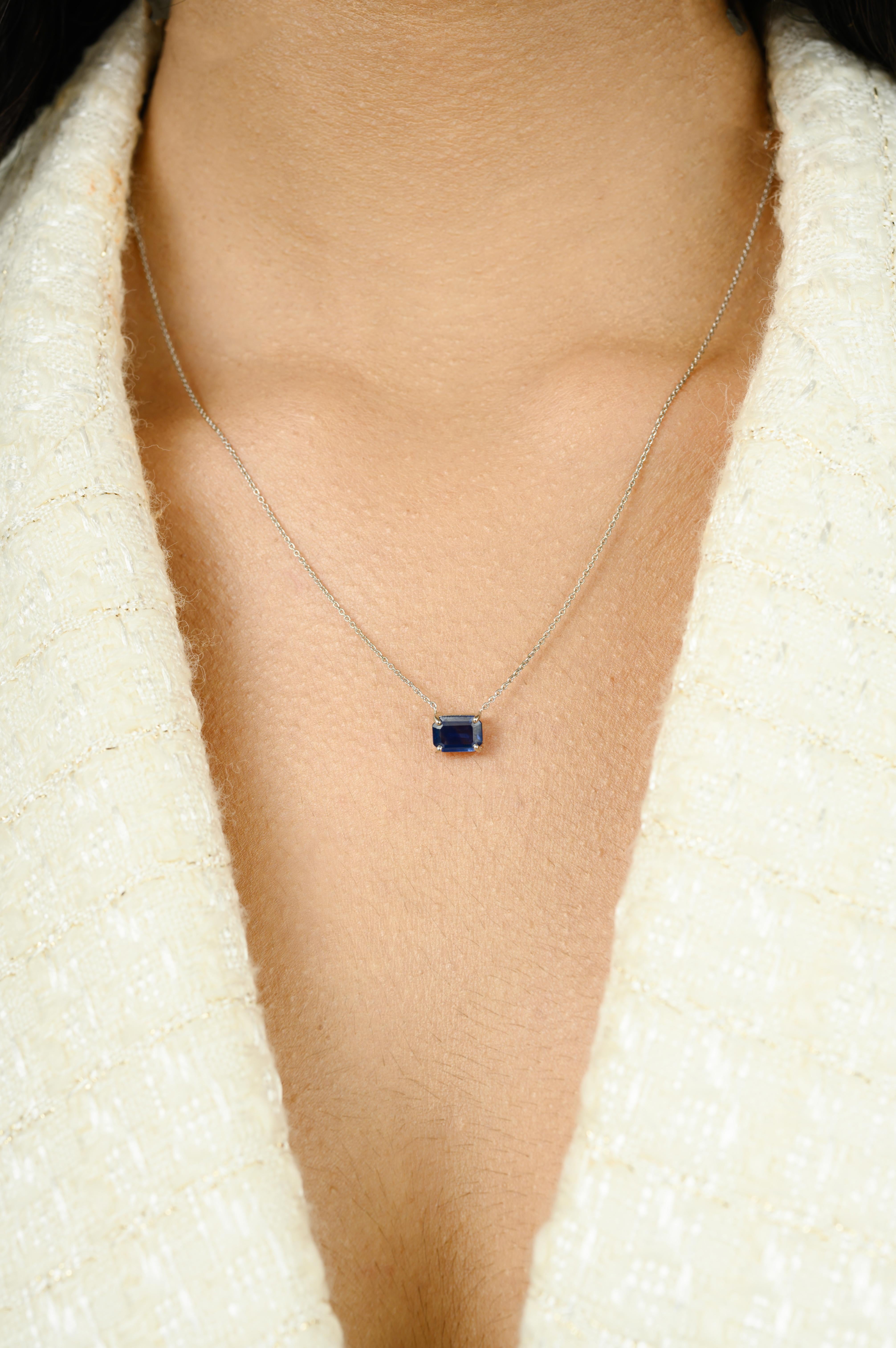 Women's September Birthstone Blue Sapphire Solitaire Necklace in 14K Solid White Gold For Sale