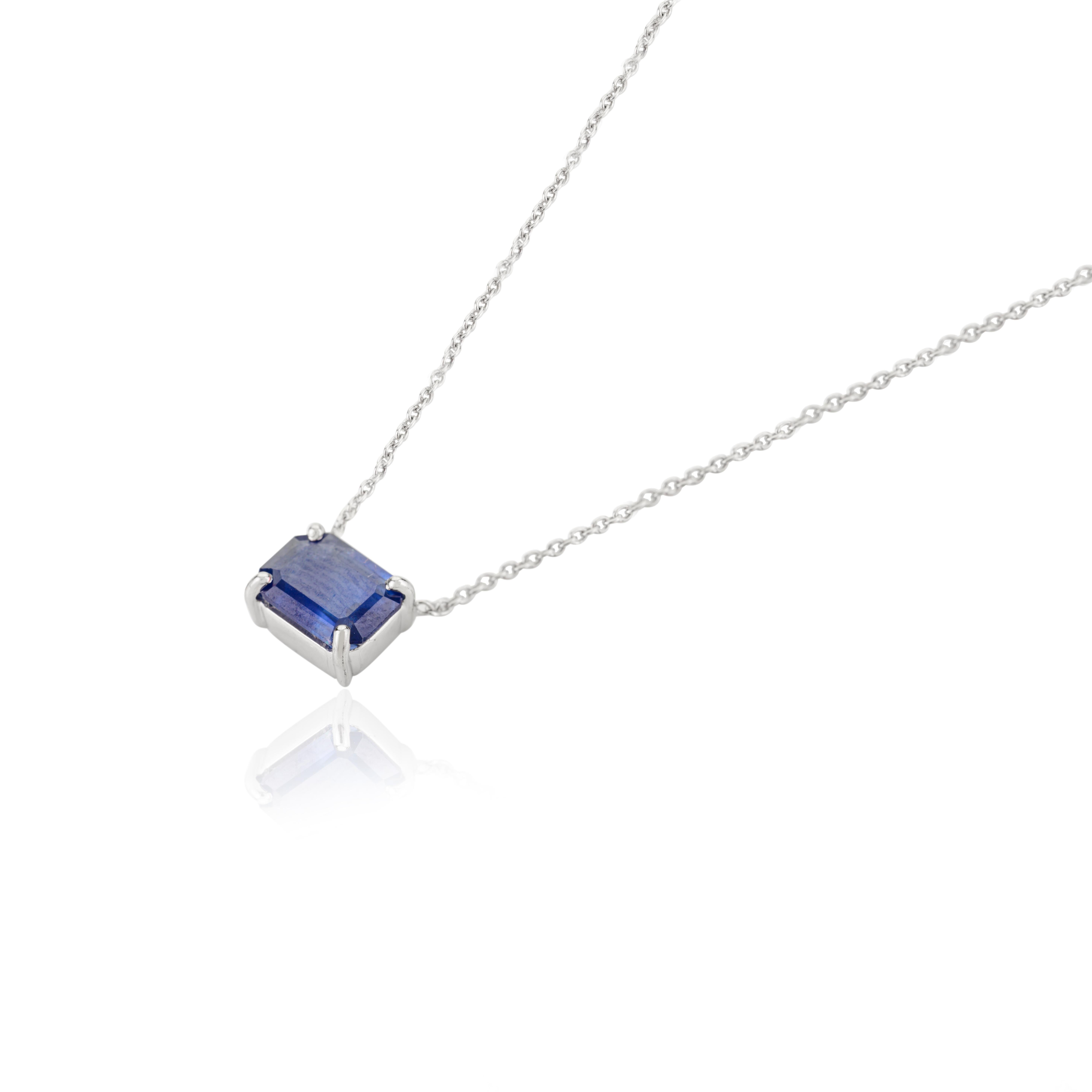 September Birthstone Blue Sapphire Solitaire Necklace in 14K Solid White Gold For Sale 1