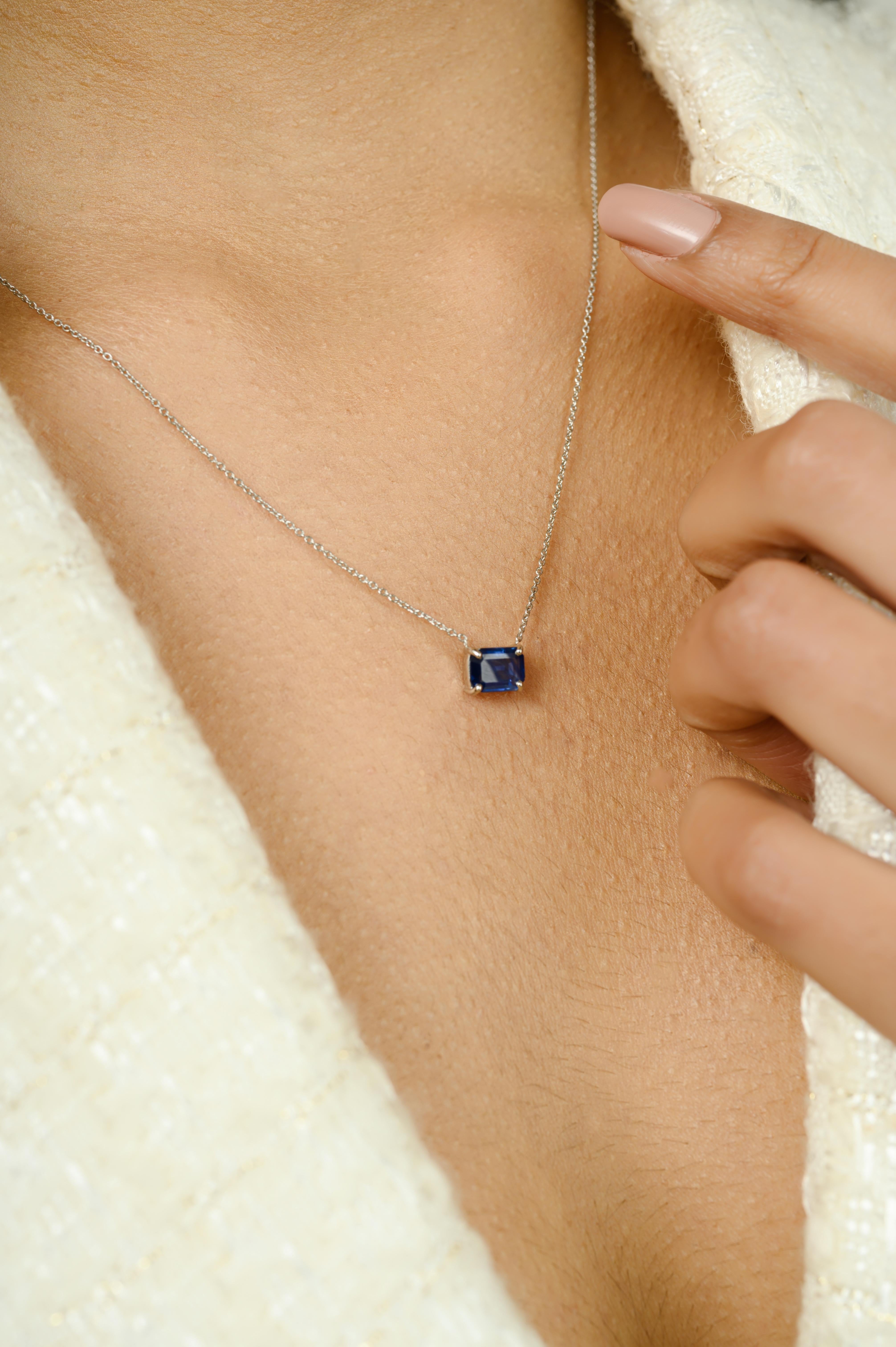 September Birthstone Blue Sapphire Solitaire Necklace in 14K Solid White Gold For Sale 2