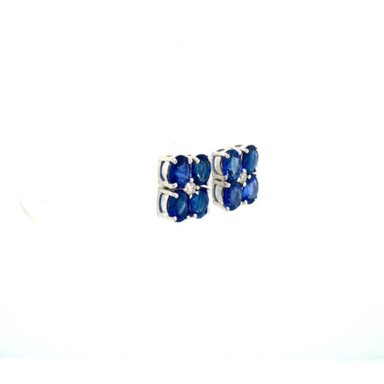 Art Deco September Birthstone Sapphire and Diamond Flower Stud Earrings in 925 Silver For Sale