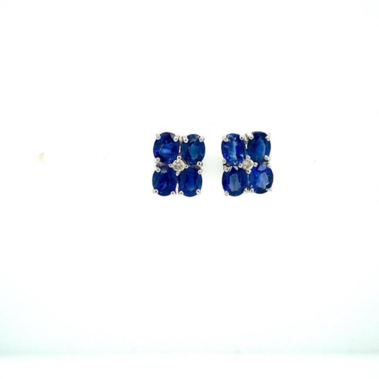 Oval Cut September Birthstone Sapphire and Diamond Flower Stud Earrings in 925 Silver For Sale
