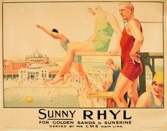 Original Vintage LMS Travel Poster Sunny Rhyl For Golden Sands & Sunshine Wales
