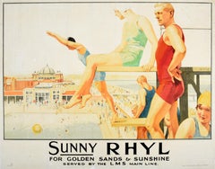 Original Vintage Train Travel Poster Sunny Rhyl London Midland Scottish Railway