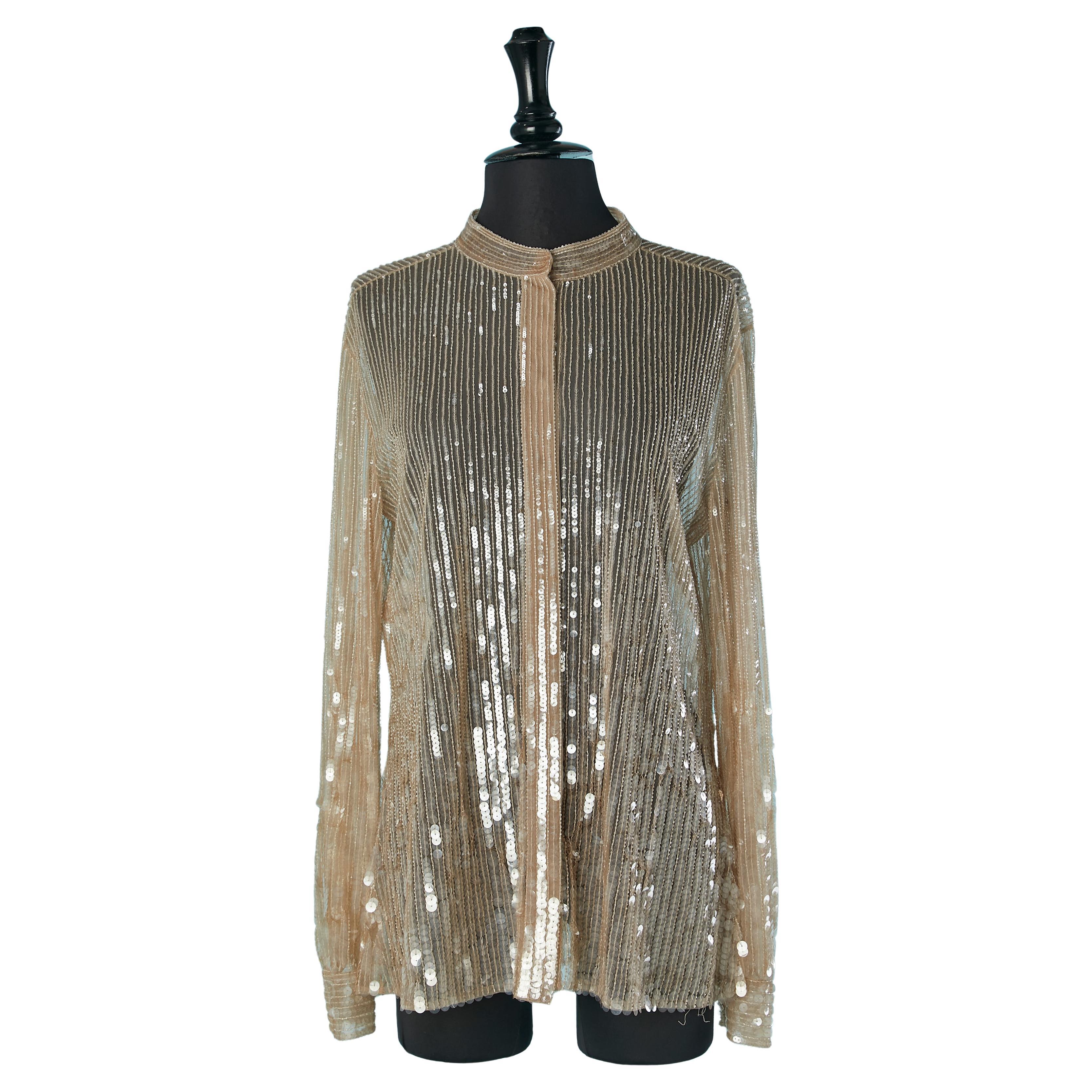 Camicia con paillettes e perline su una base di tulle trasparente Alberta Ferretti in vendita