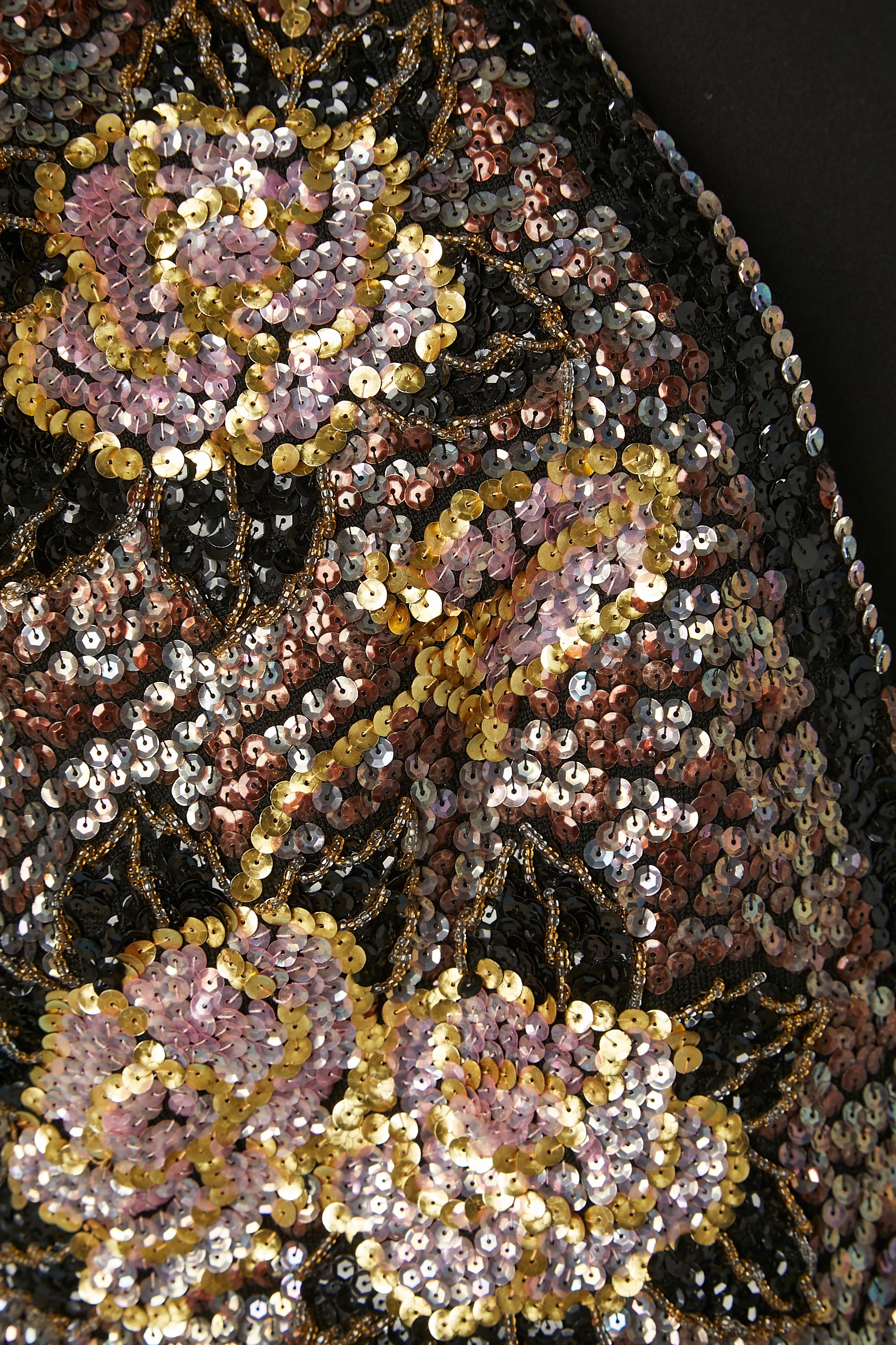 Black Sequin and beadwork edge to edge evening jacket with flower pattern VALENTINA For Sale
