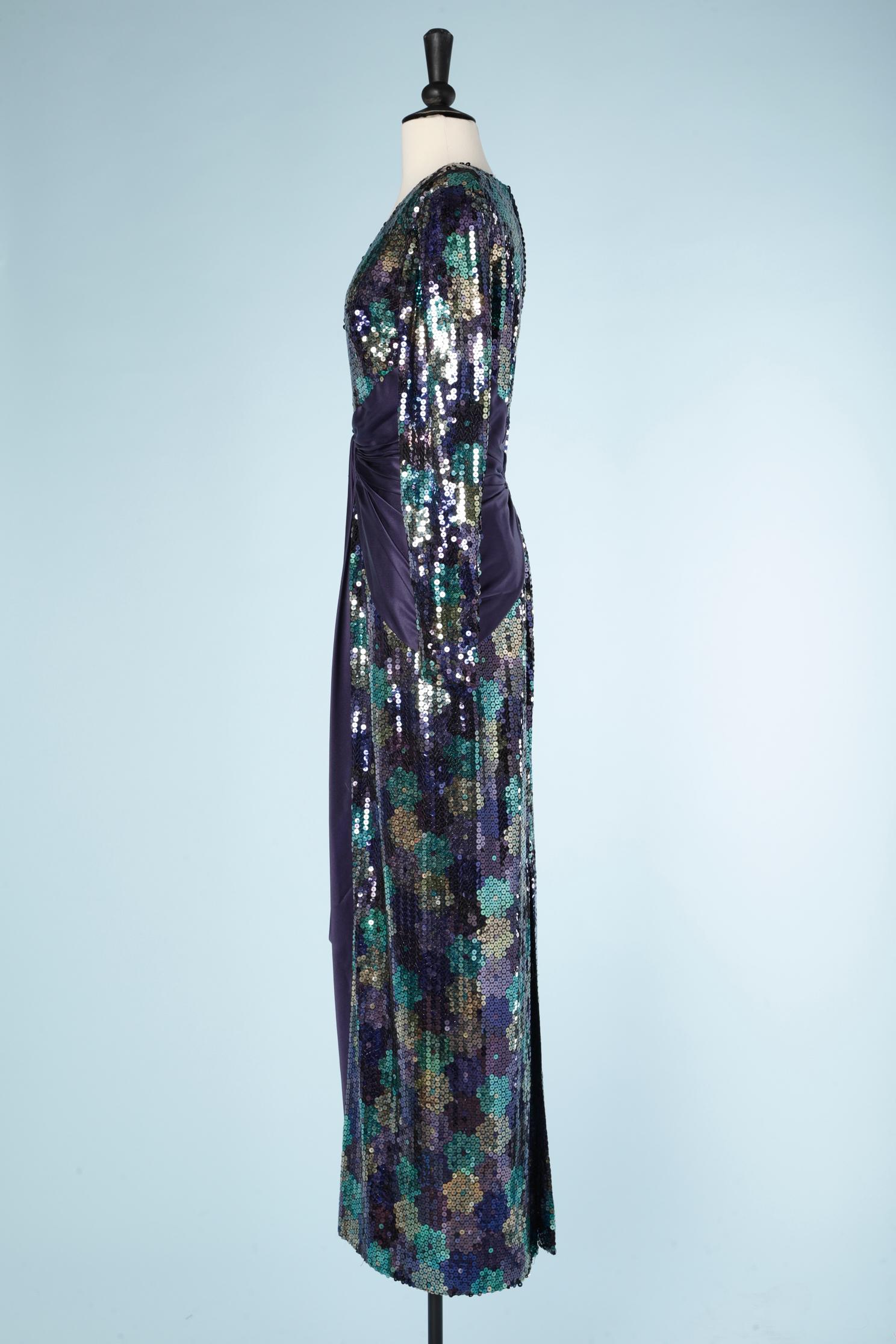 Sequin evening dress with purple satin drape on the waist and hips Loris Azzaro  For Sale 1