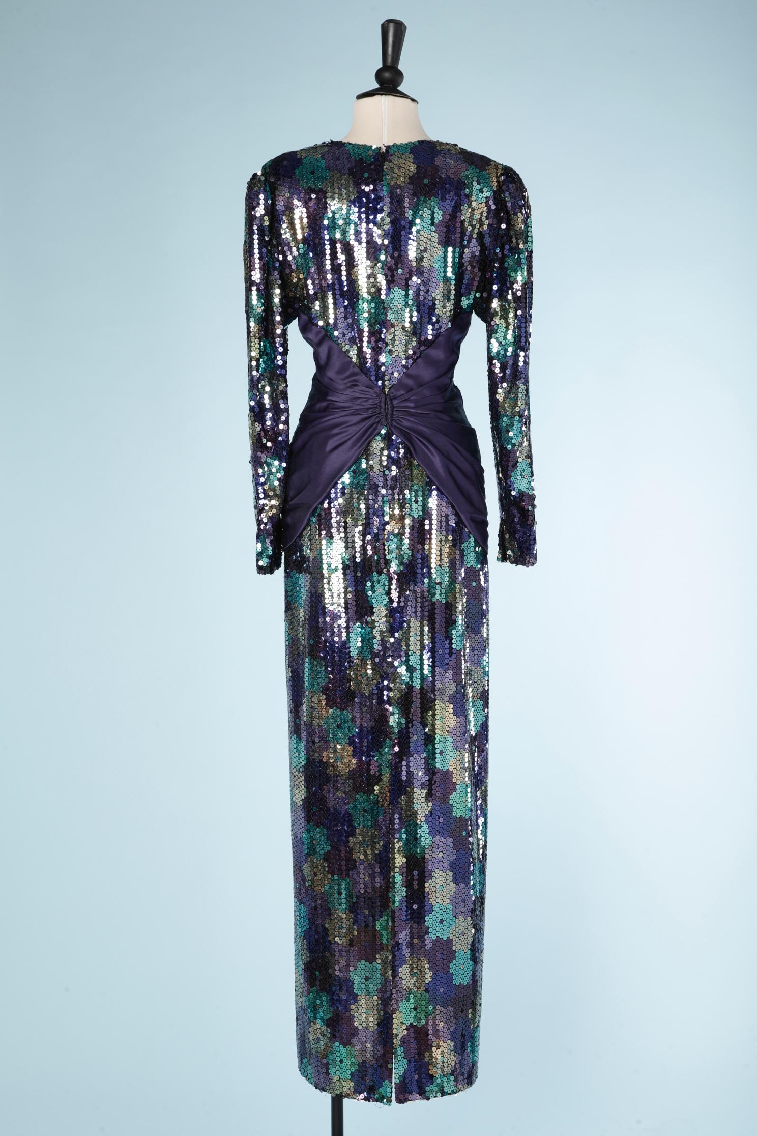 Sequin evening dress with purple satin drape on the waist and hips Loris Azzaro  For Sale 2