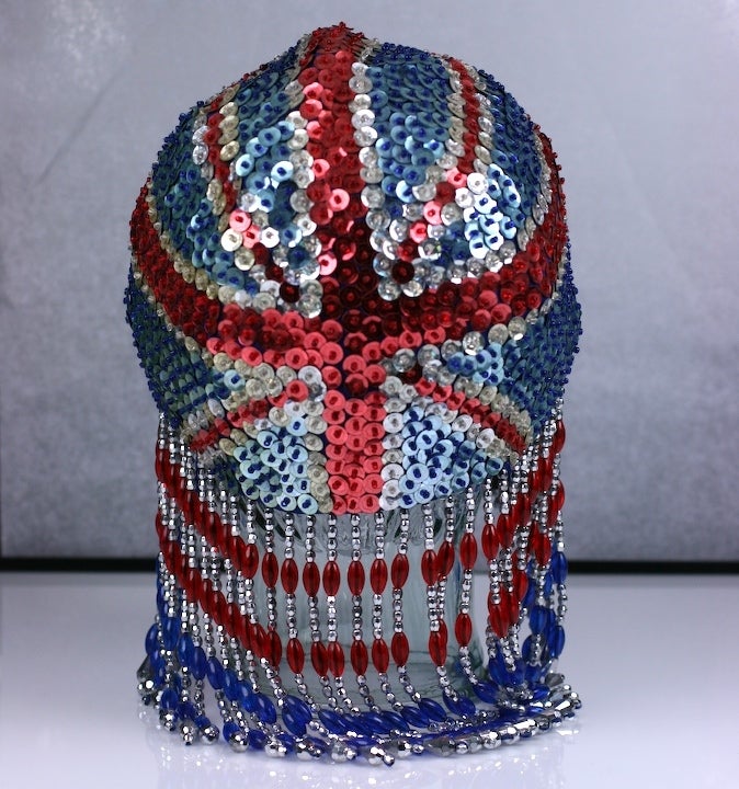 Black Sequined and Beaded Brittania Head Piece For Sale