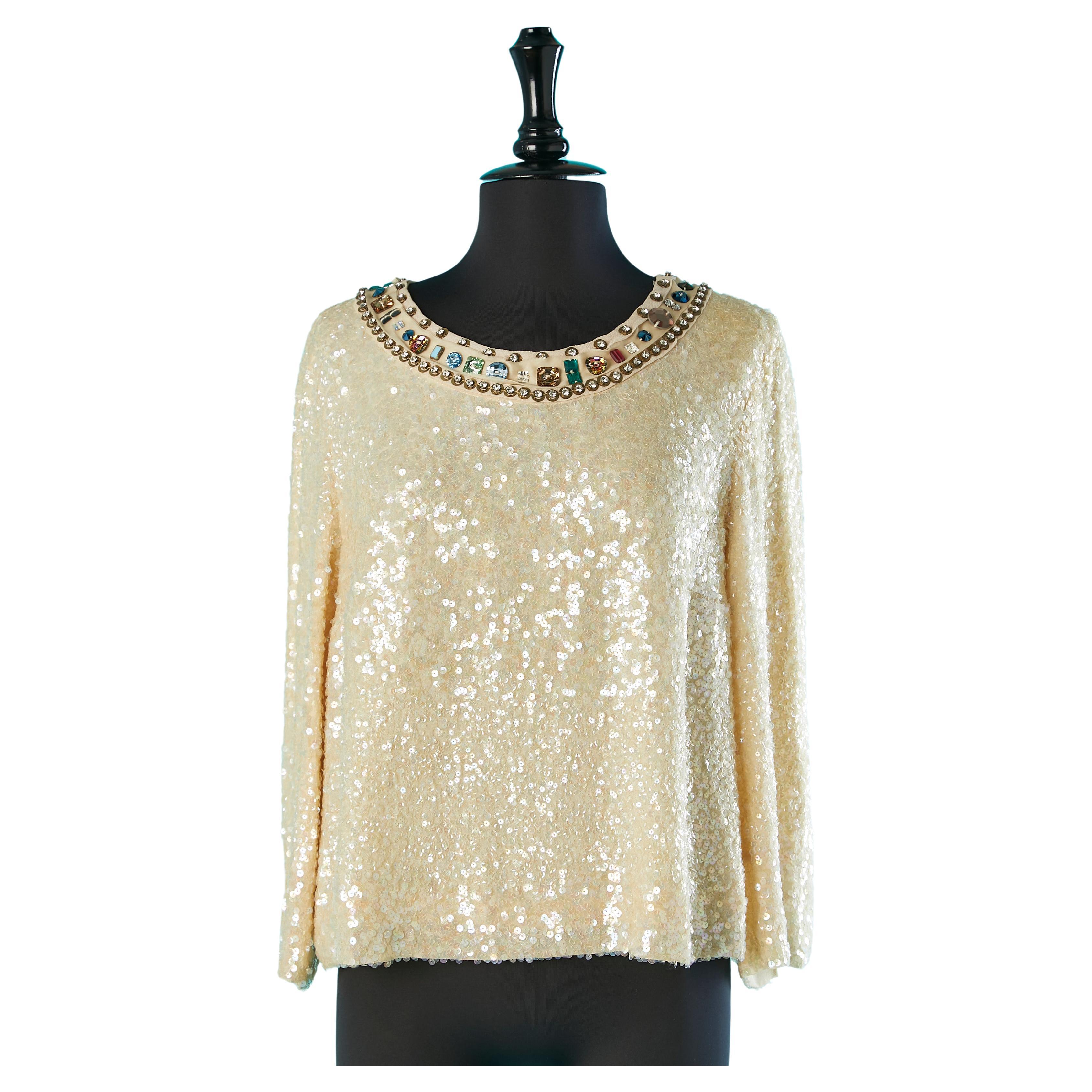 Sequins evening top with beads and rhinestone neckline Chloé 