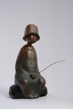 Fishing for Joy – Sitting, Contemporary Bronze Figure Sculpture