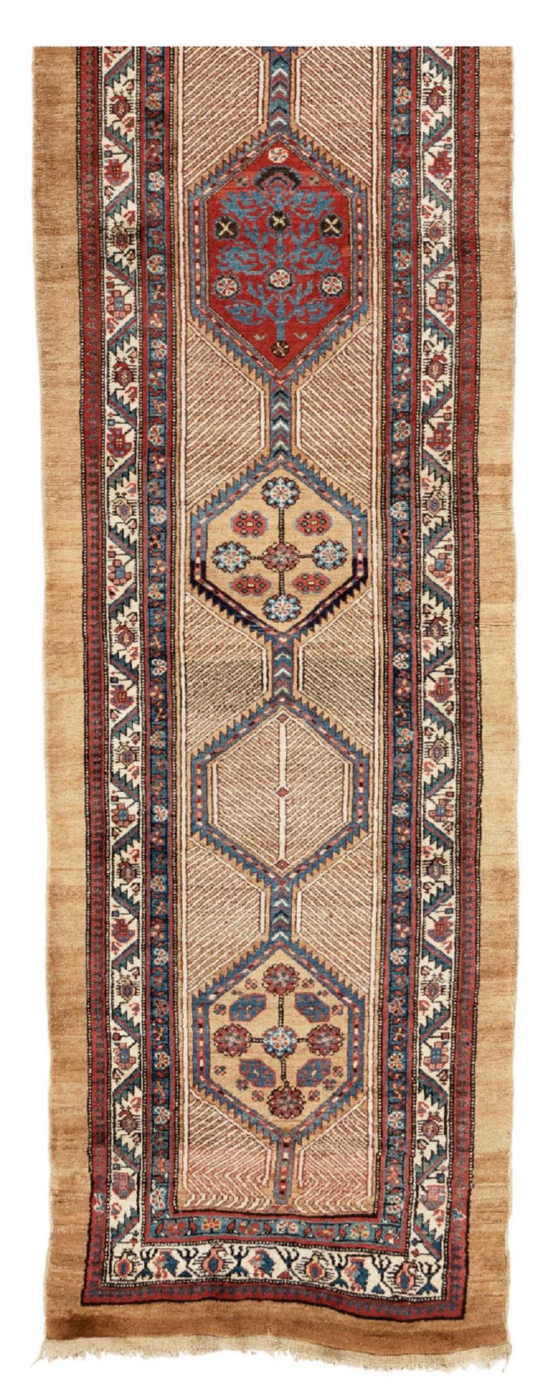 Antique Persian Serab Runner Rug, 19th Century

This classic Serab runner uses a copious camel pile and a distinctive split herringbone pattern in the field. Against this, a column of seven linked medallions float in a repeat pattern centering on a