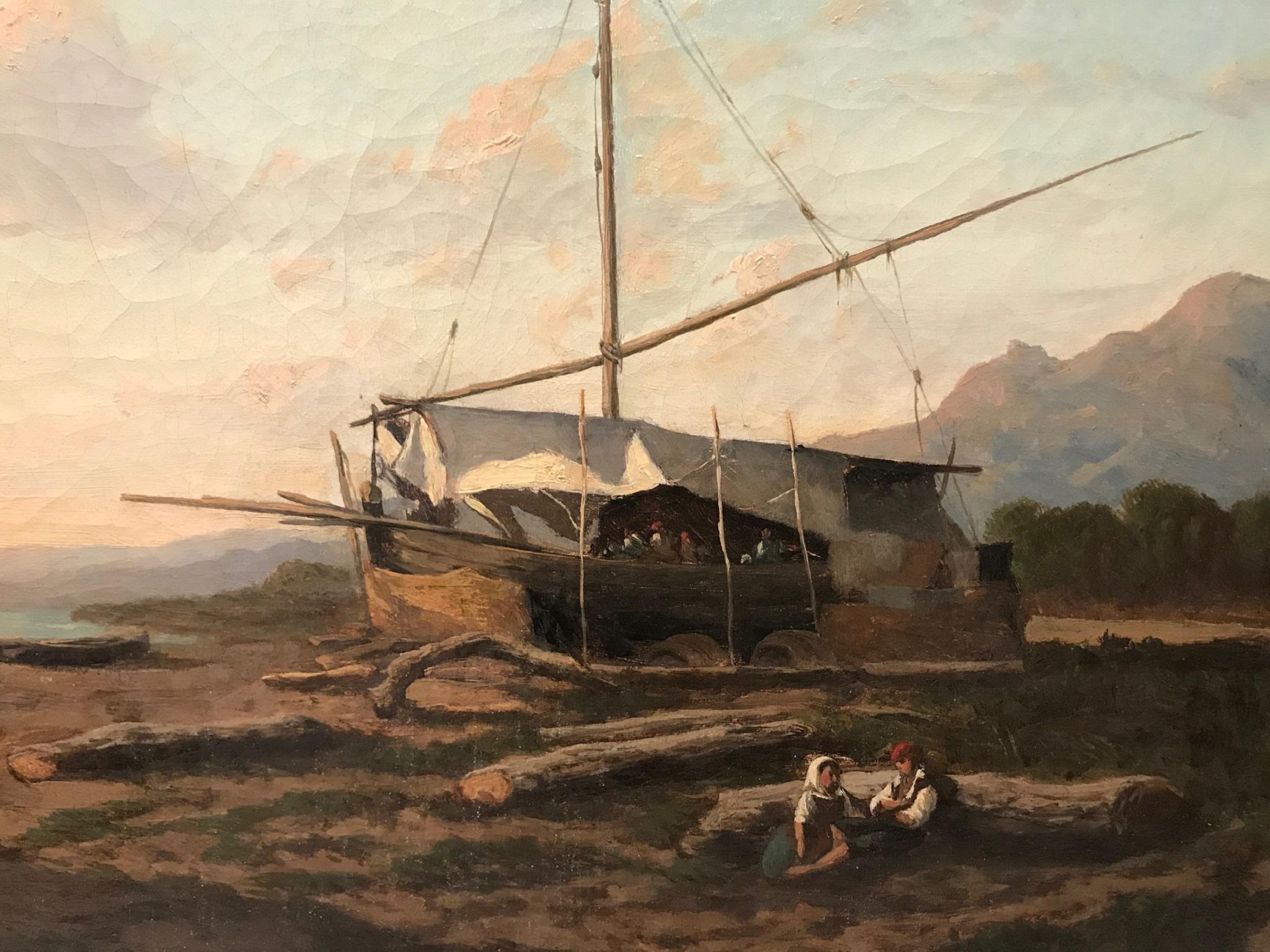 Seascape with fishermen. De Tivoli 19th Century Impressionist Landscape Painting For Sale 1