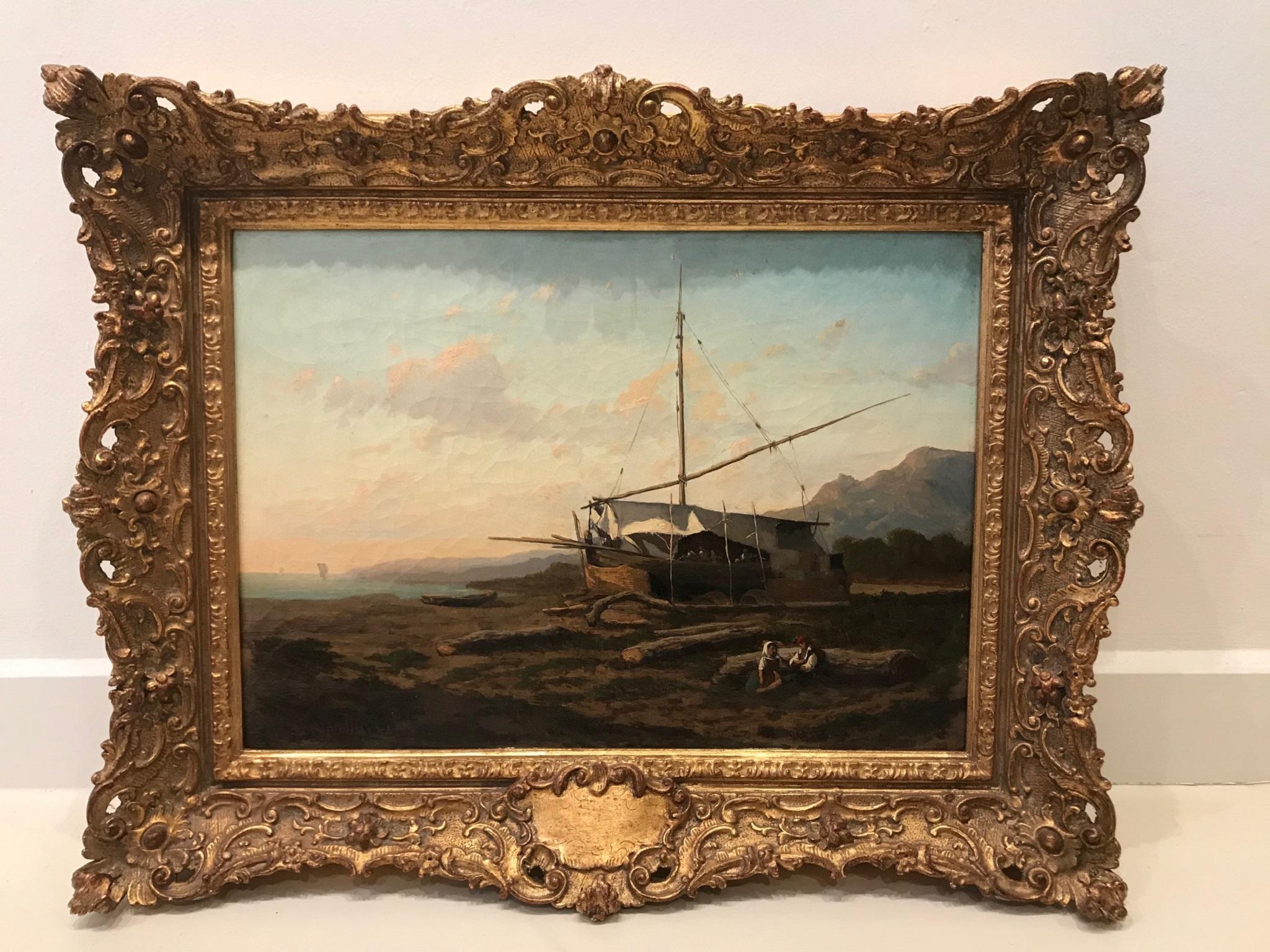 Seascape with fishermen. De Tivoli 19th Century Impressionist Landscape Painting For Sale 4