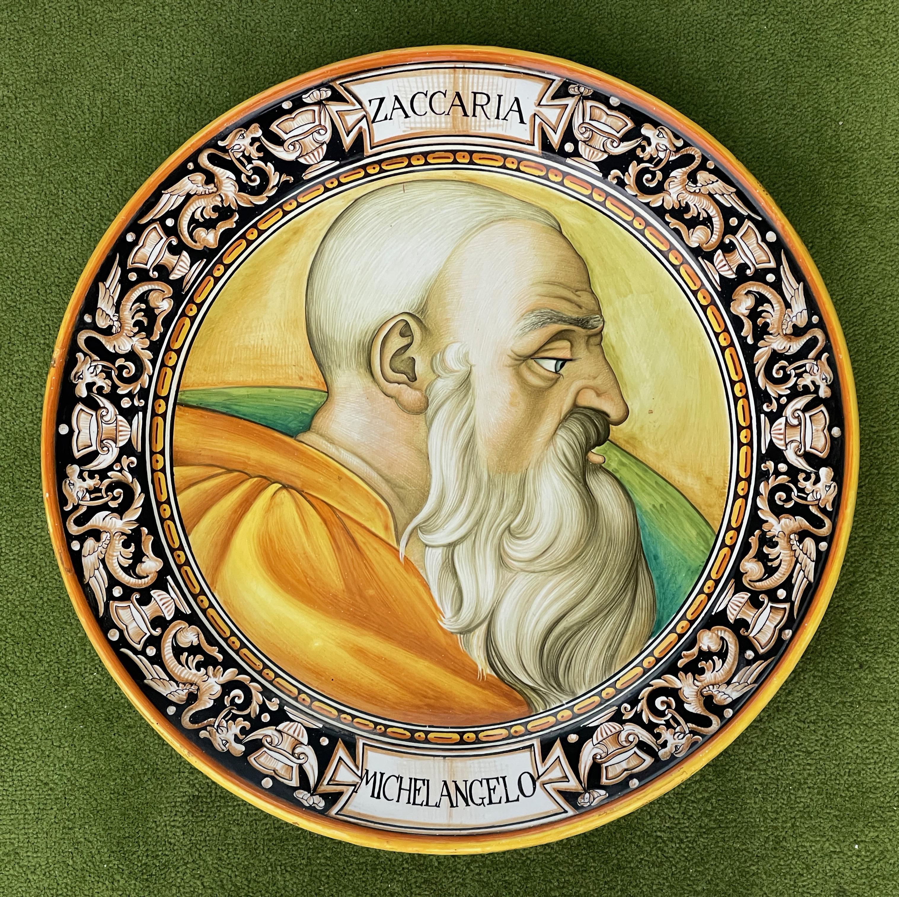 Deruta majolica charger from the workshop of Serafino Volpi hand painted with the portrait of the prophet Zaccaria from Michaelangelo's Sistine Chapel ceiling. On the back it is somewhat illegibly signed by the artist and there is remnants of a