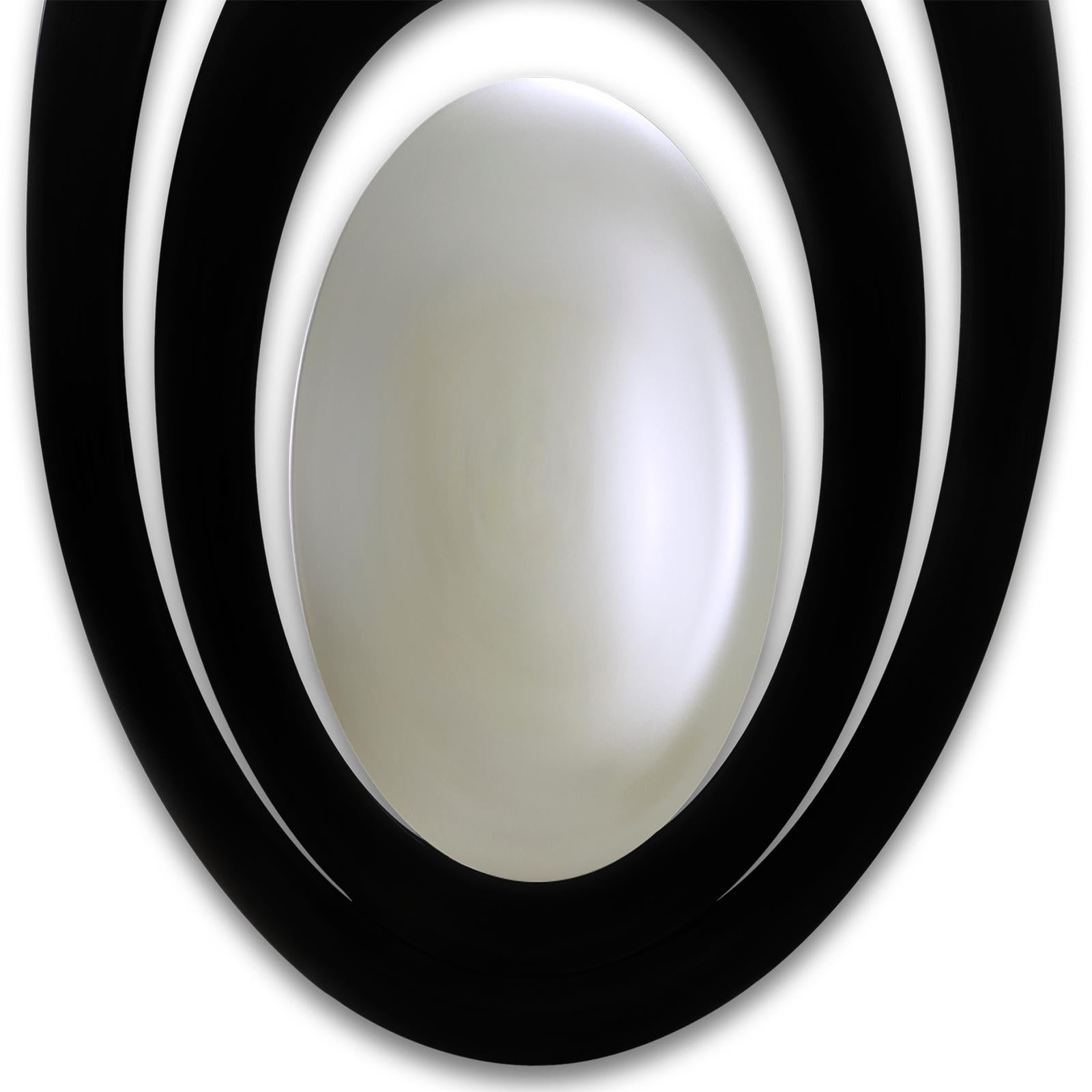English Serail Oval Mirror in Black Lacquered Finish For Sale