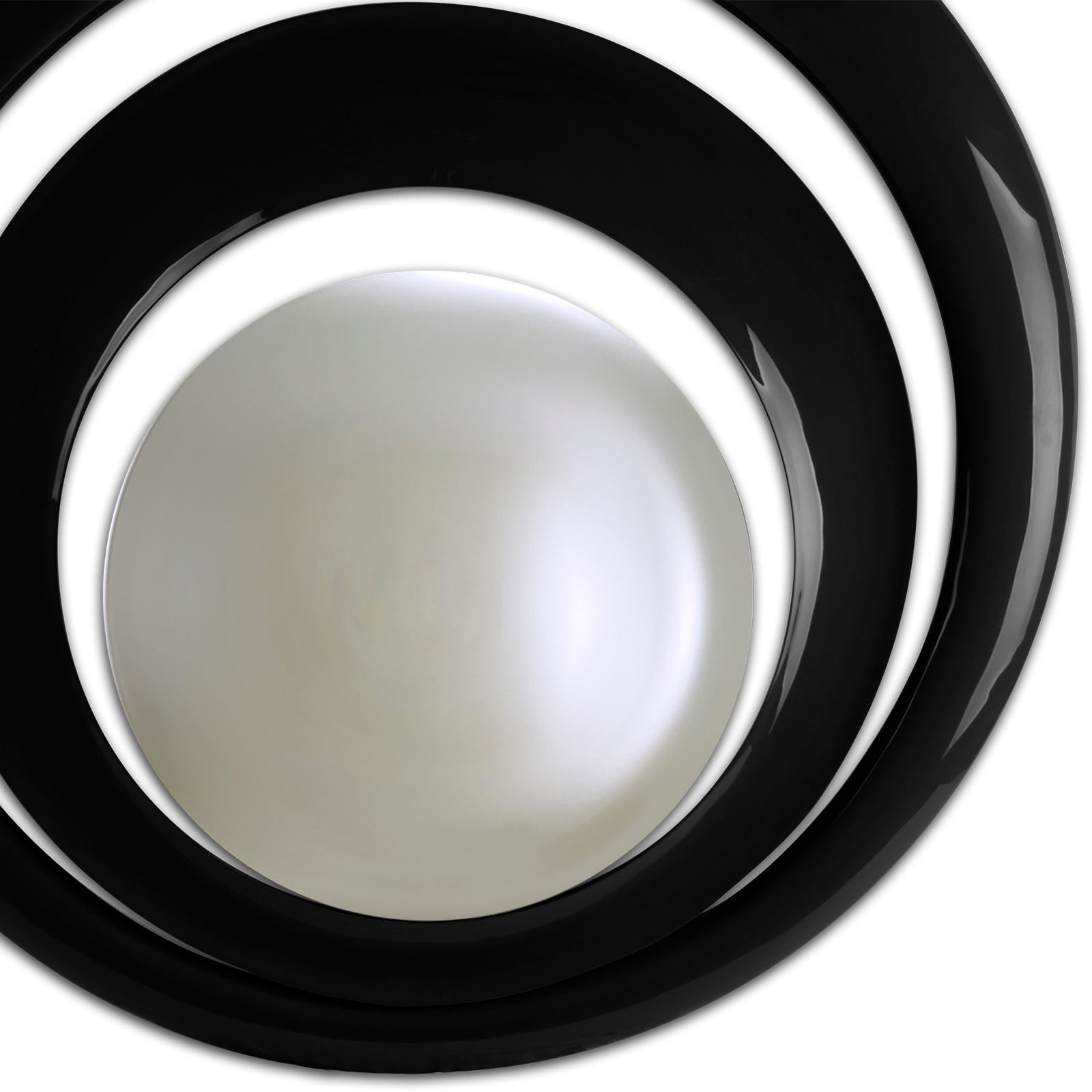 Wood Serail Round Mirror in Black Lacquered Finish For Sale