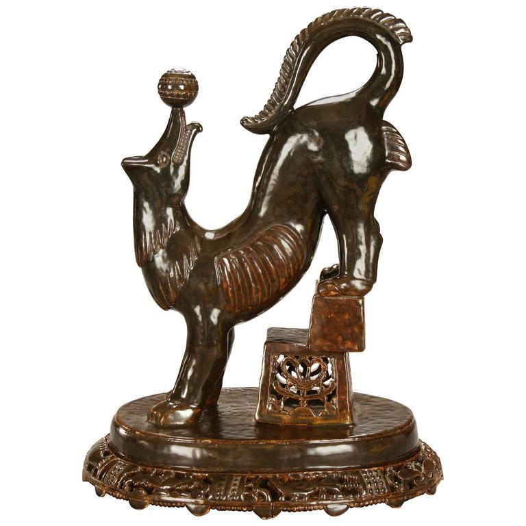 20th Century Seraphin Soudbinine, Rare French Art Deco Ceramic Sculpture of a Performing Dog For Sale